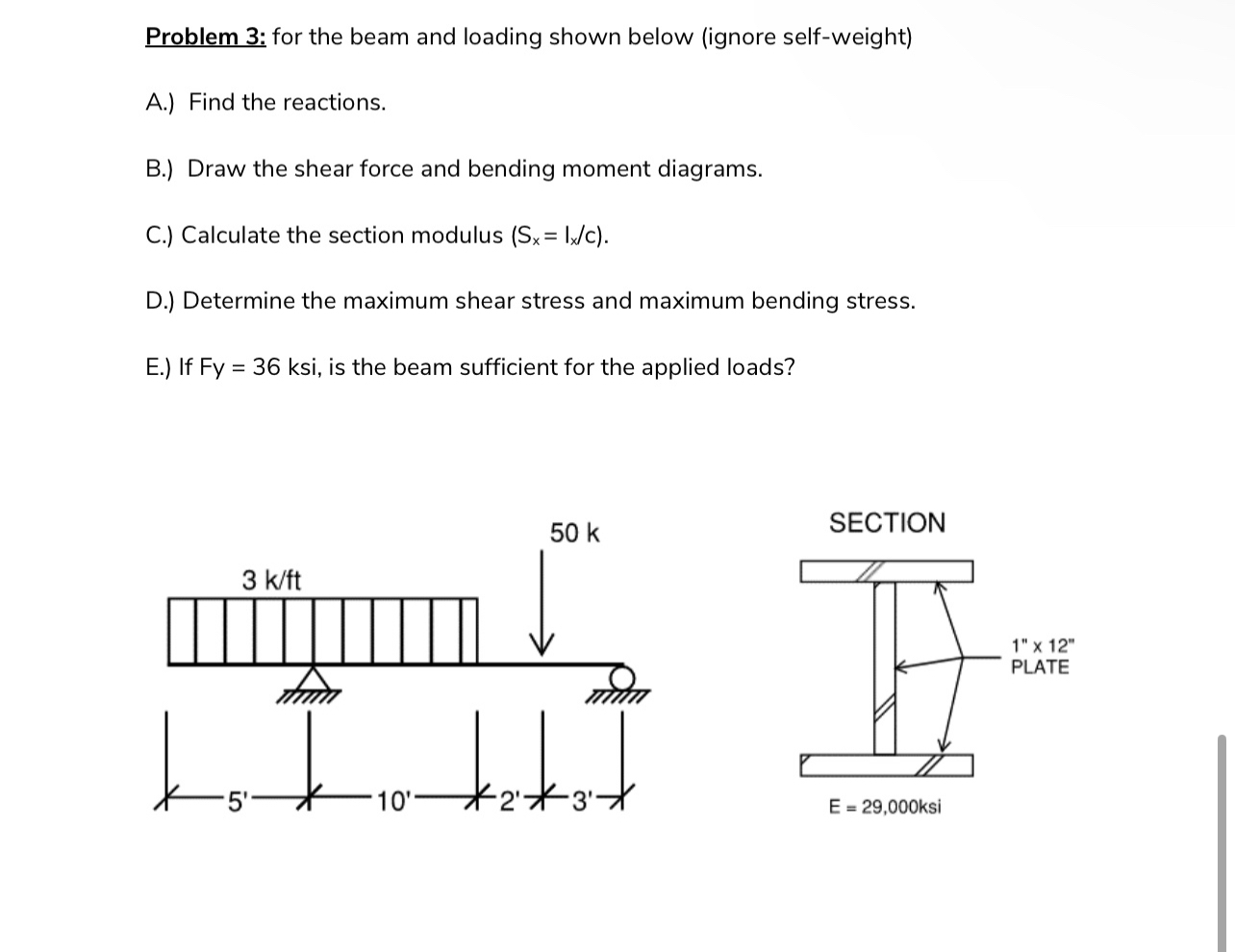 Problem 3 : for the beam and loading shown below