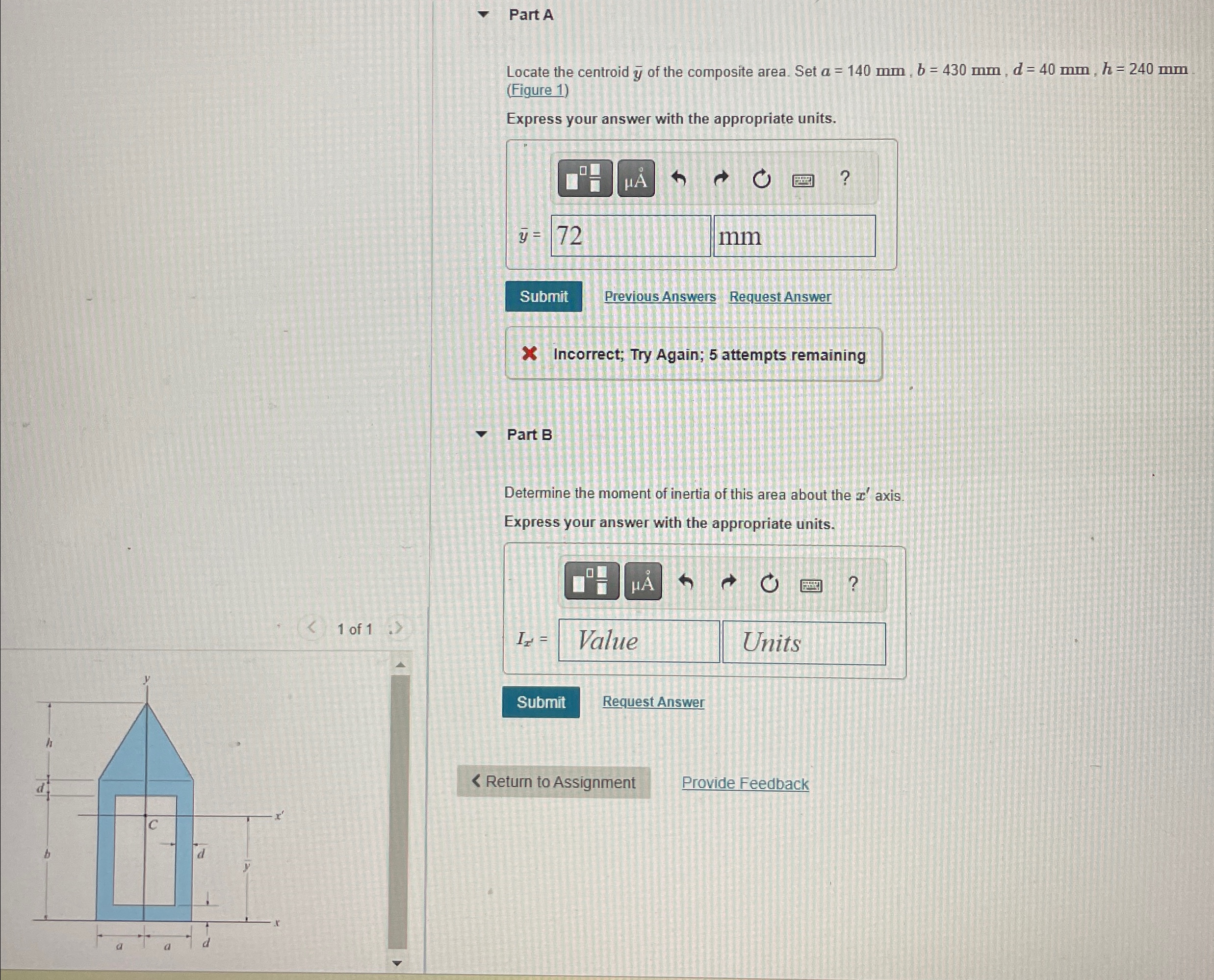 Part A Locate the centroid ? b a r ( y ) of the