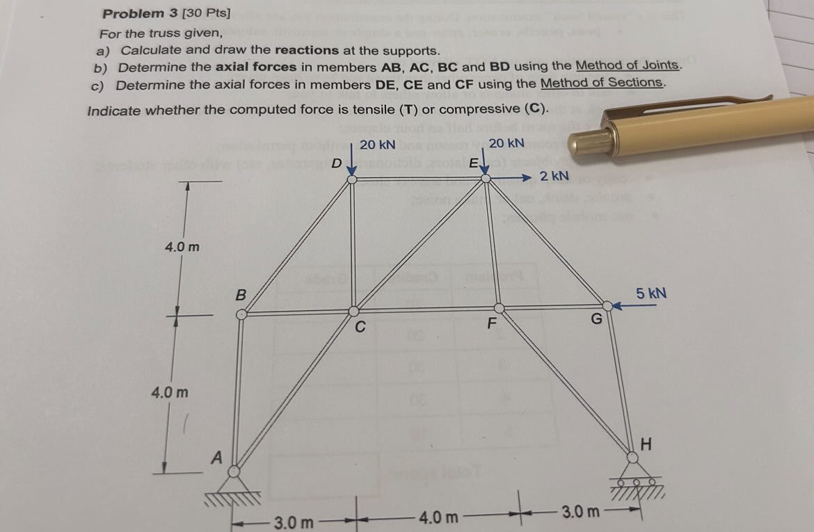 Problem 3 [ 3 0 Pts ] For the truss given, a )