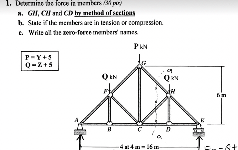 Determine the force in members ( 3 0 pts ) a . G