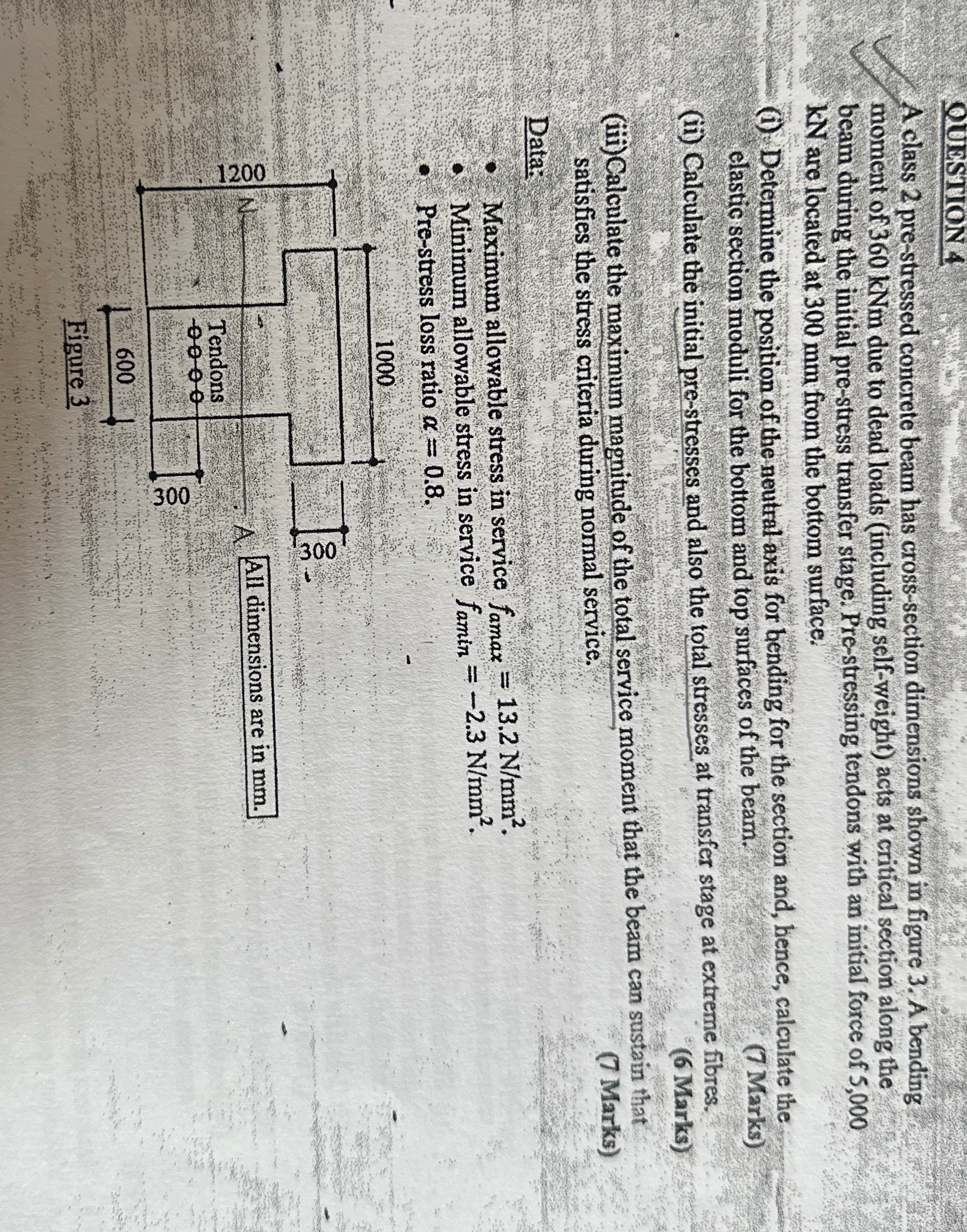 OUESTION 4 A class 2 pre - stressed concrete beam