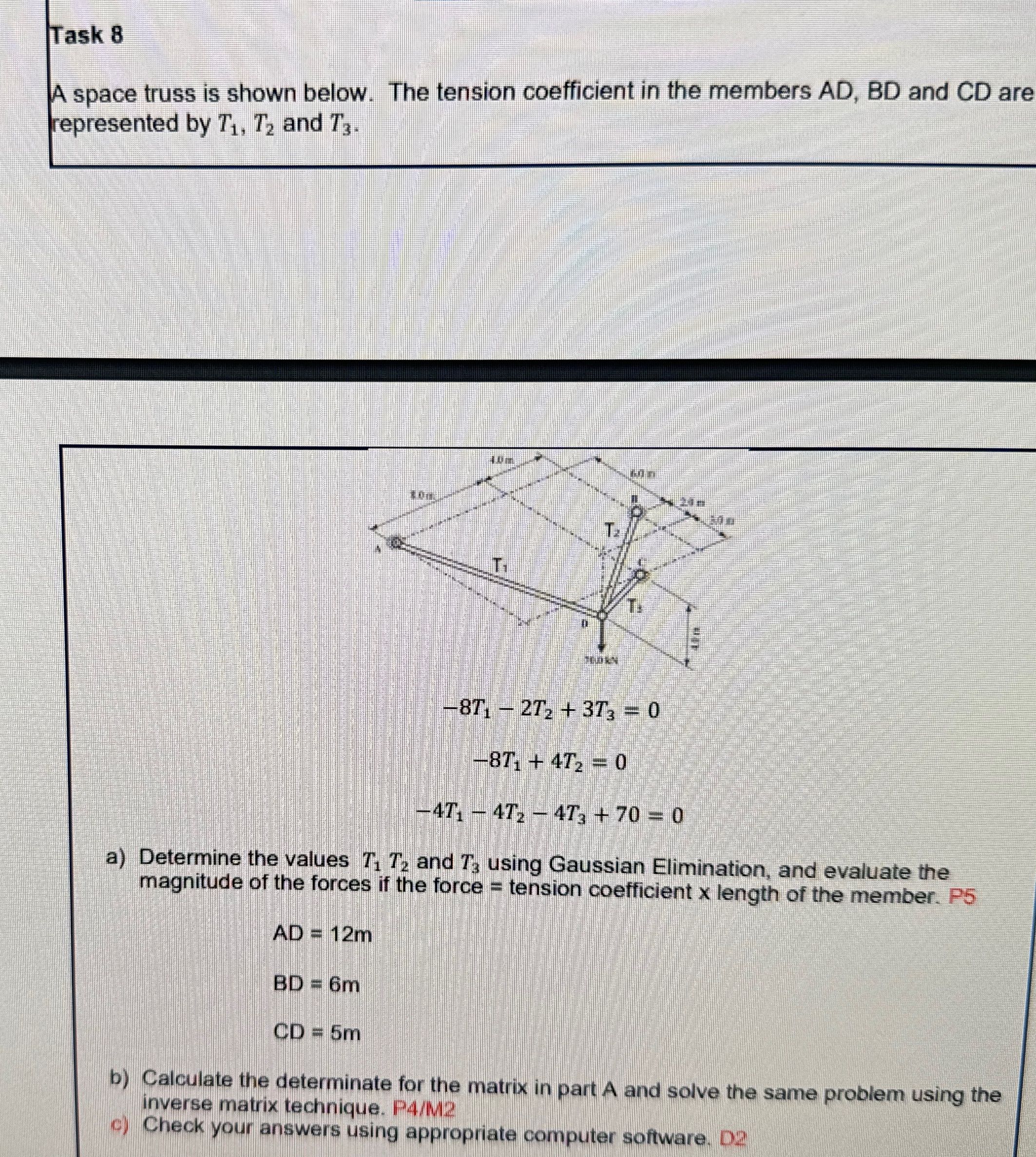 Task 8 A space truss is shown below. The tension