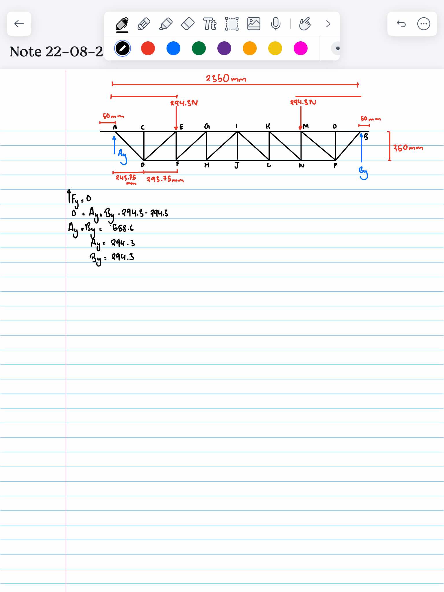 Note 2 2 - 0 2 3 5 0 mm A F y = 0 0 = A y = B y -