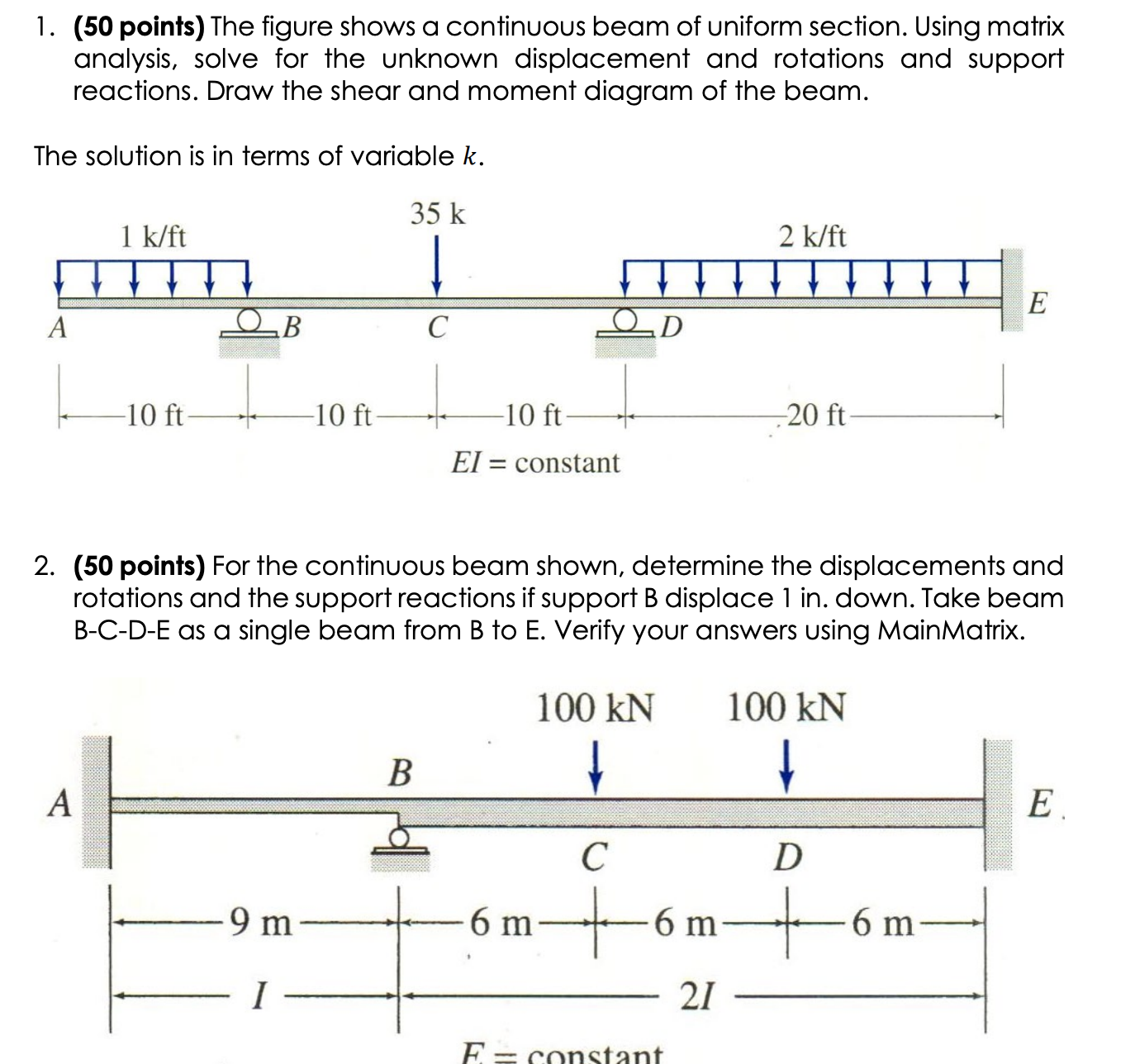( 5 0 points ) The figure shows a continuous beam