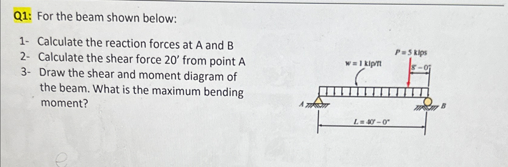 Q 1 : For the beam shown below: 1 - Calculate the