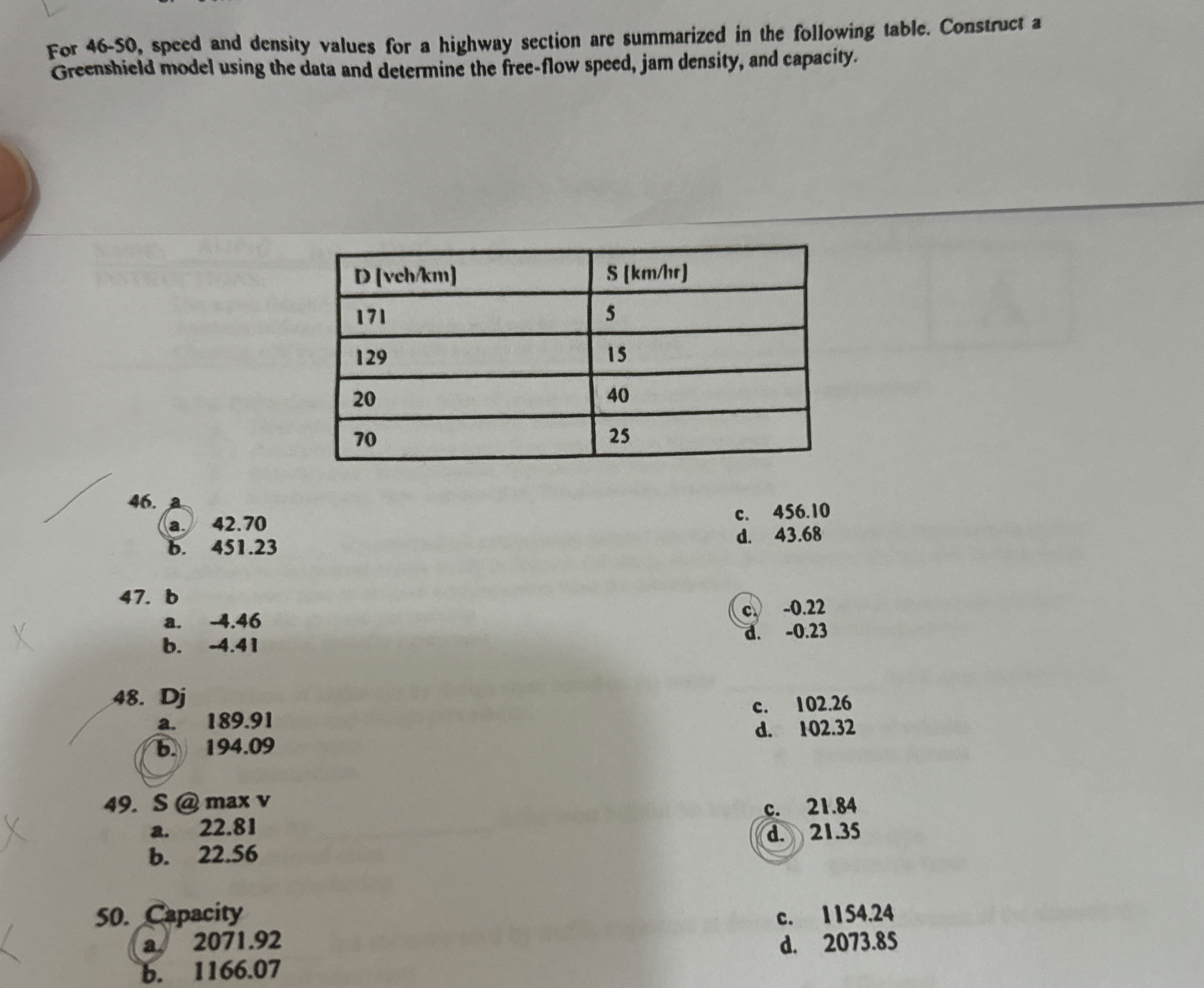 For 4 6 - 5 0 , speed and density values for a