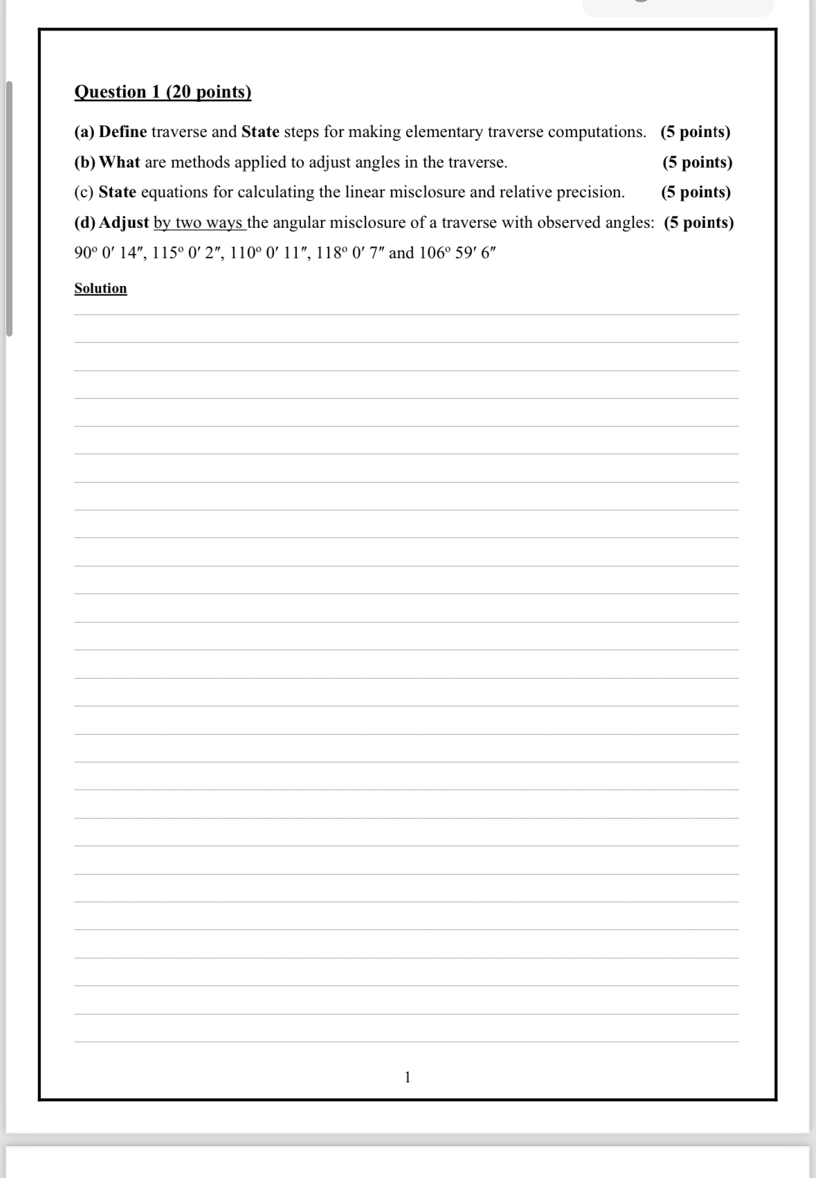 Question 1 ( 2 0 points ) ( a ) Define traverse