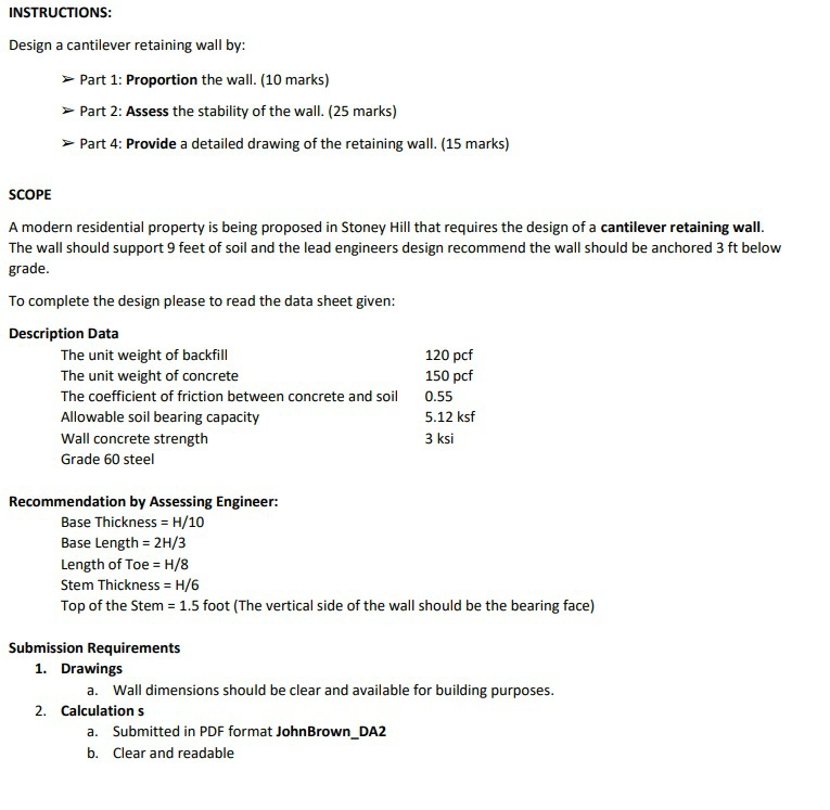 INSTRUCTIONS: Design a cantilever retaining wall