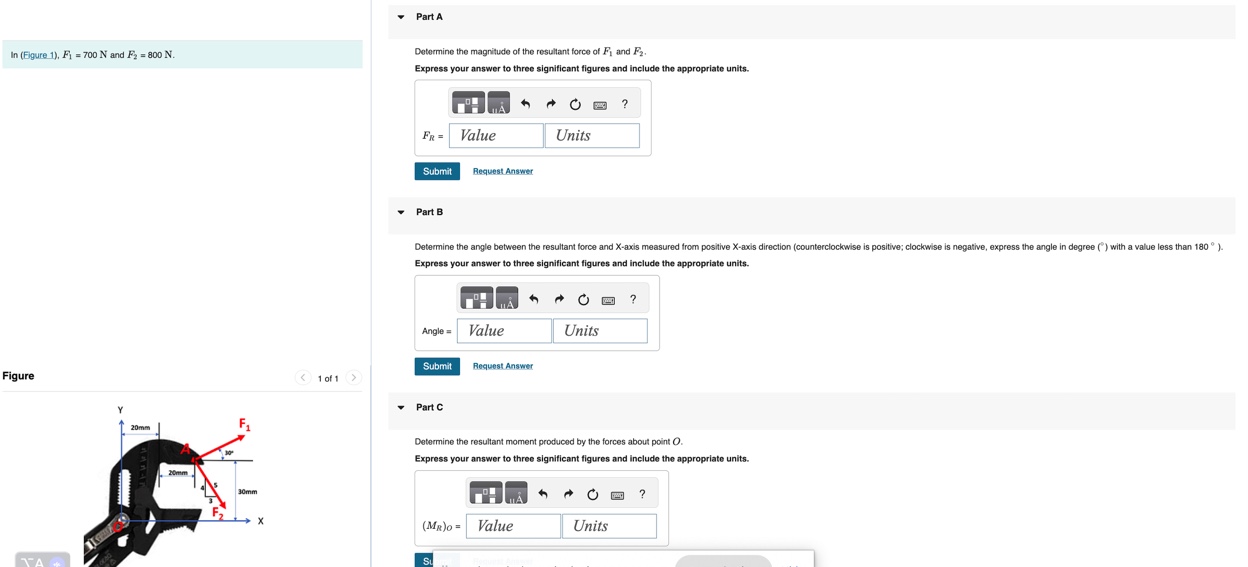 Part A In ( Eigure 1 ) , F 1 = 7 0 0 N and F 2 =