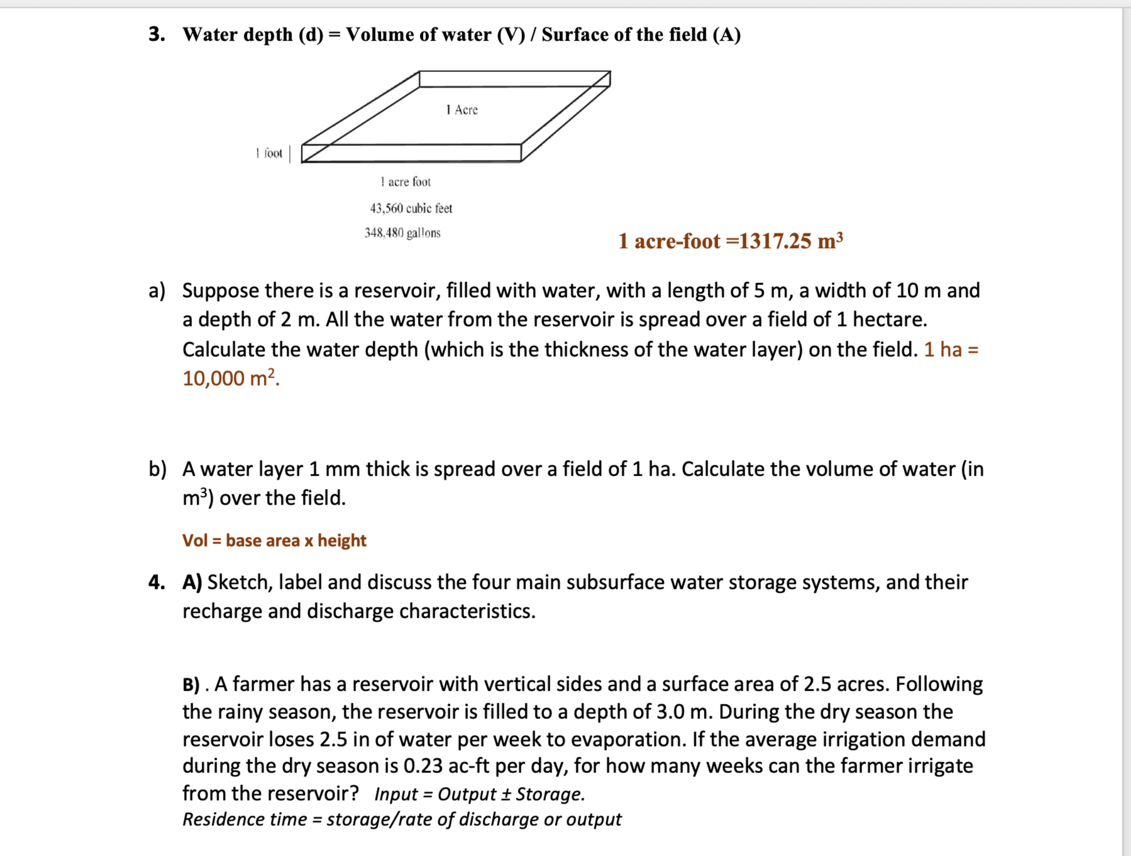 Water depth ( d ) = Volume of water V ? Surface