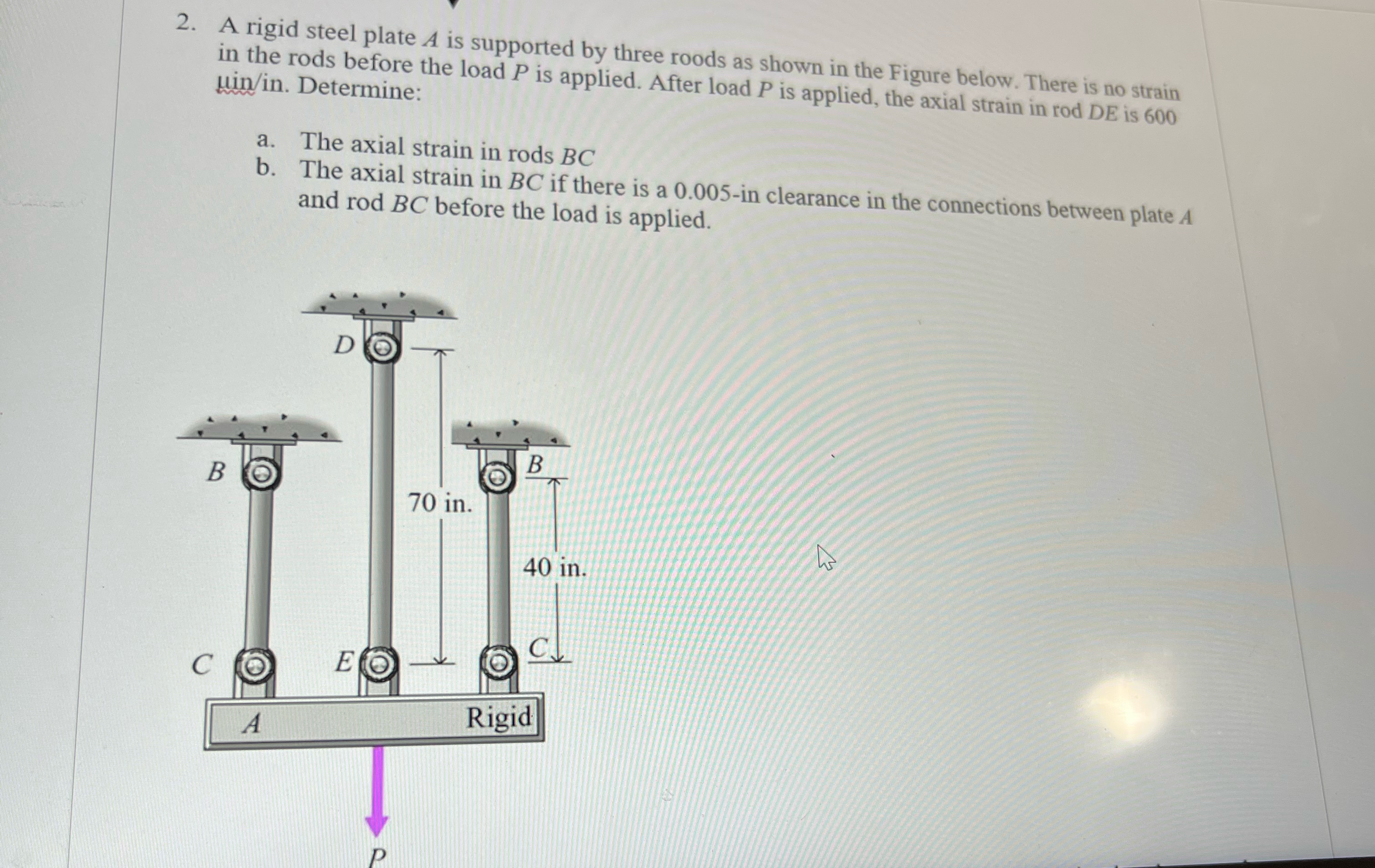 A rigid steel plate A is supported by three roods