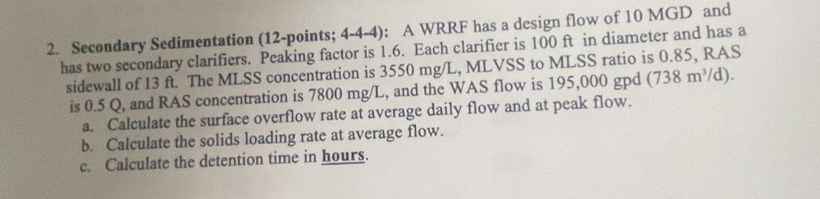 Secondary Sedimentation (12-points; 4-4-4): A