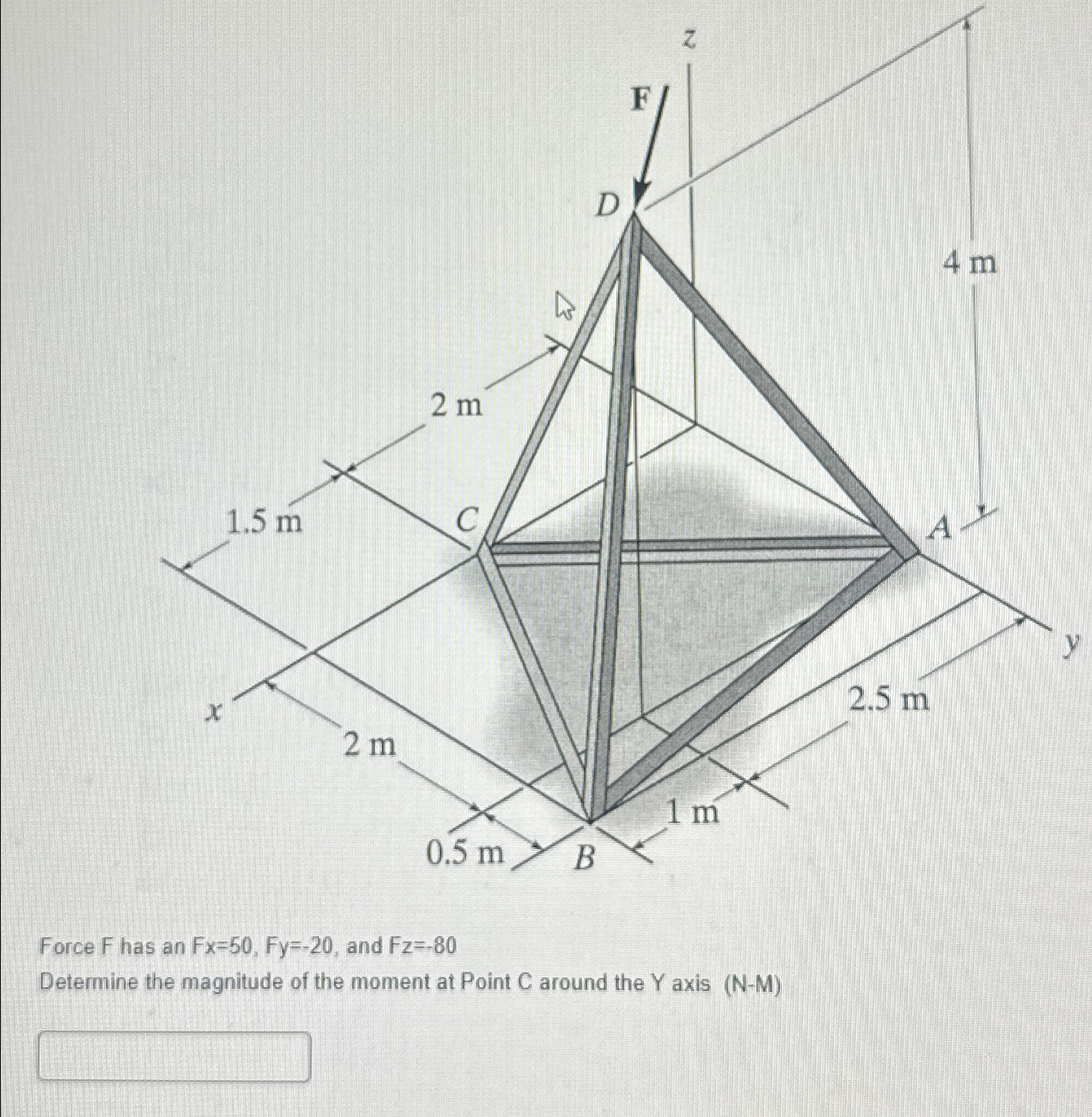 Force F has an F x = 5 0 , F y = - 2 0 , and F z