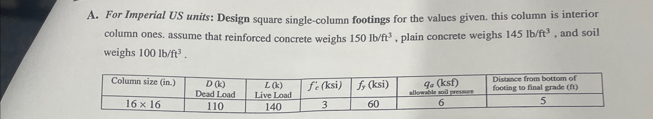 A . For Imperial US units: Design square single -