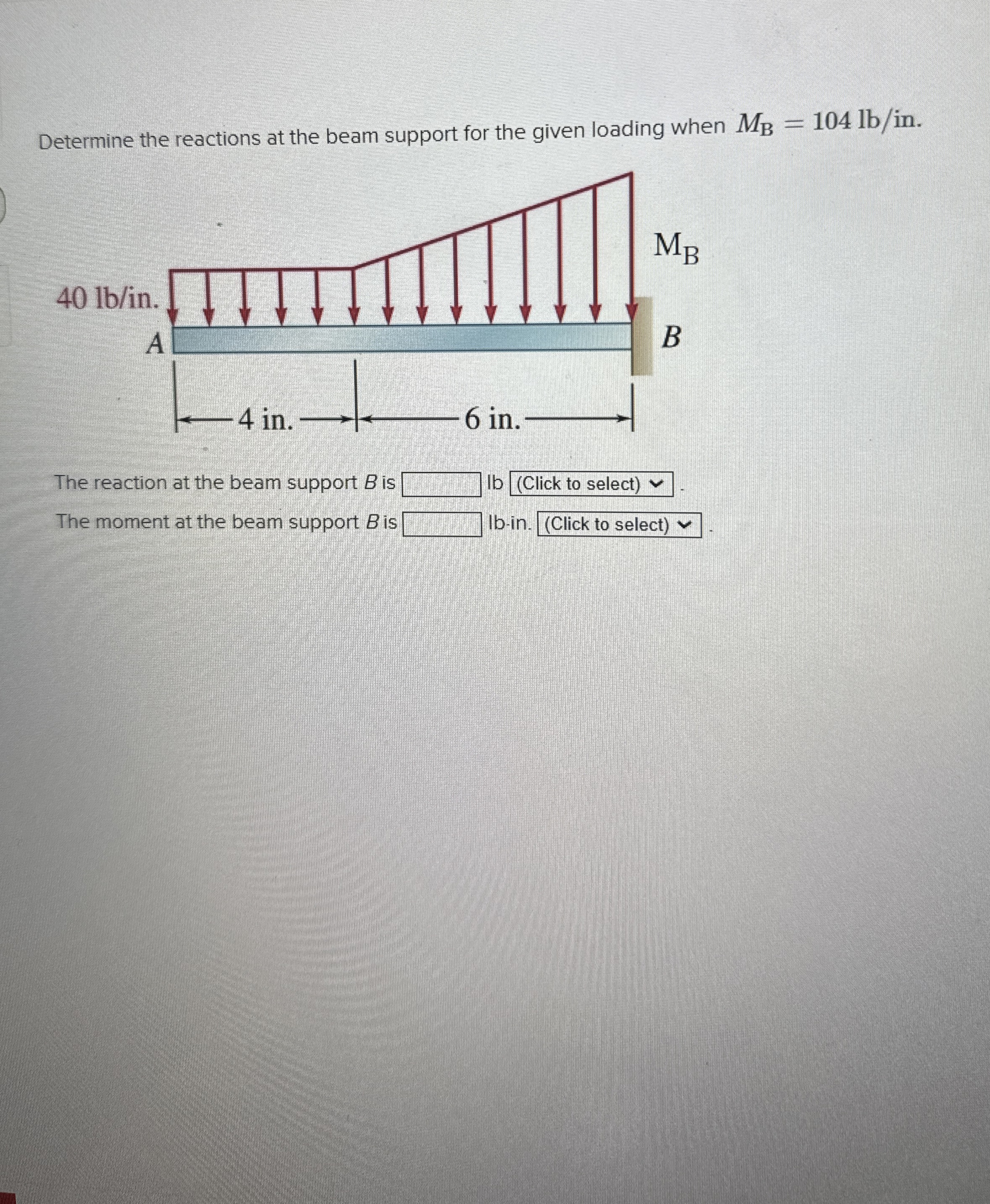 Determine the reactions at the beam support for