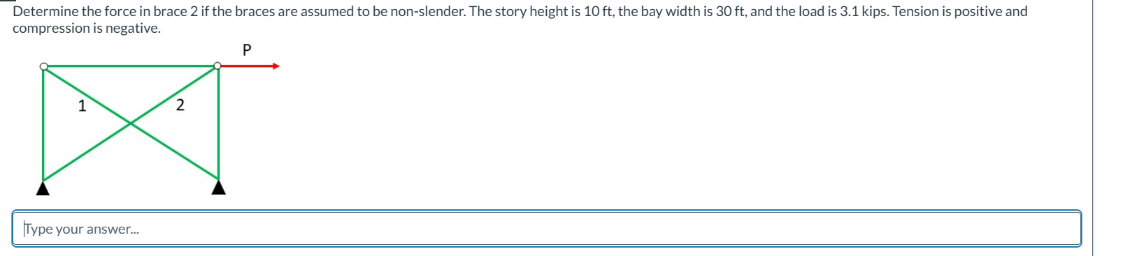 Determine the force in brace 2 if the braces are