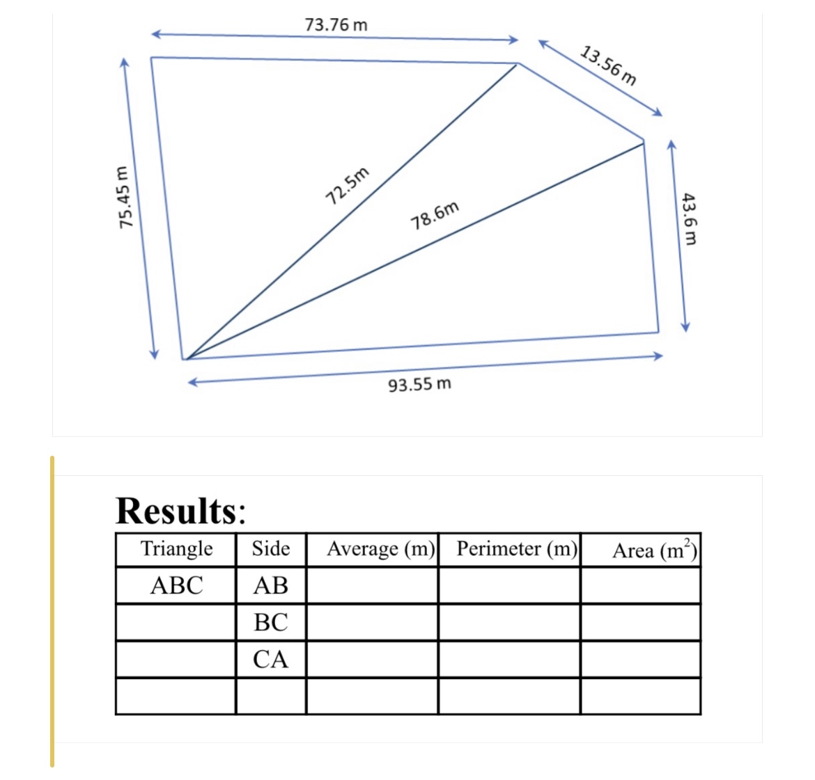 Results: \ table [ [ Triangle , Side,Average ( m