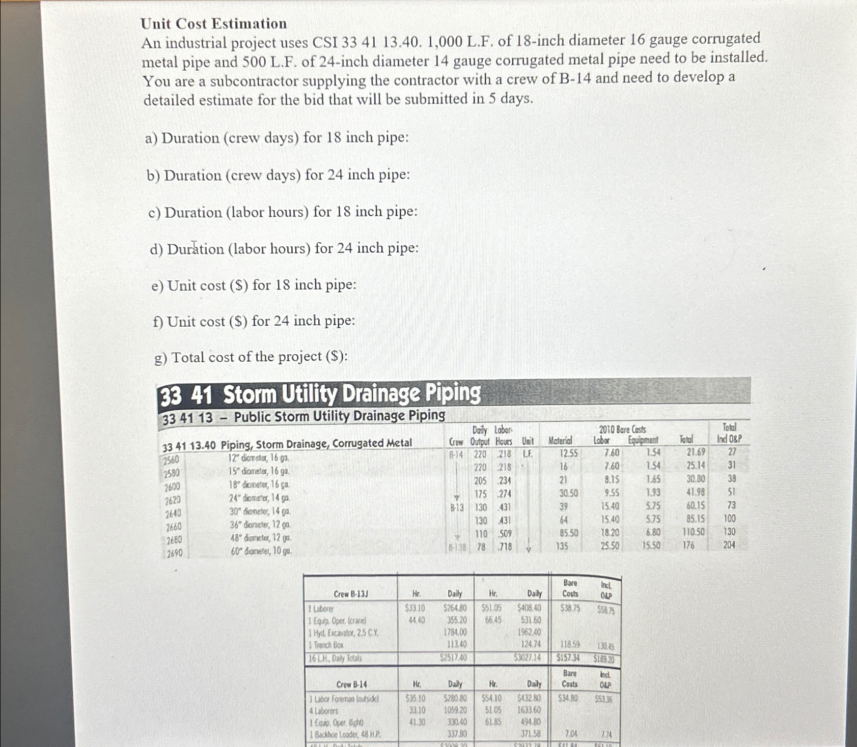 Unit Cost Estimation An industrial project uses