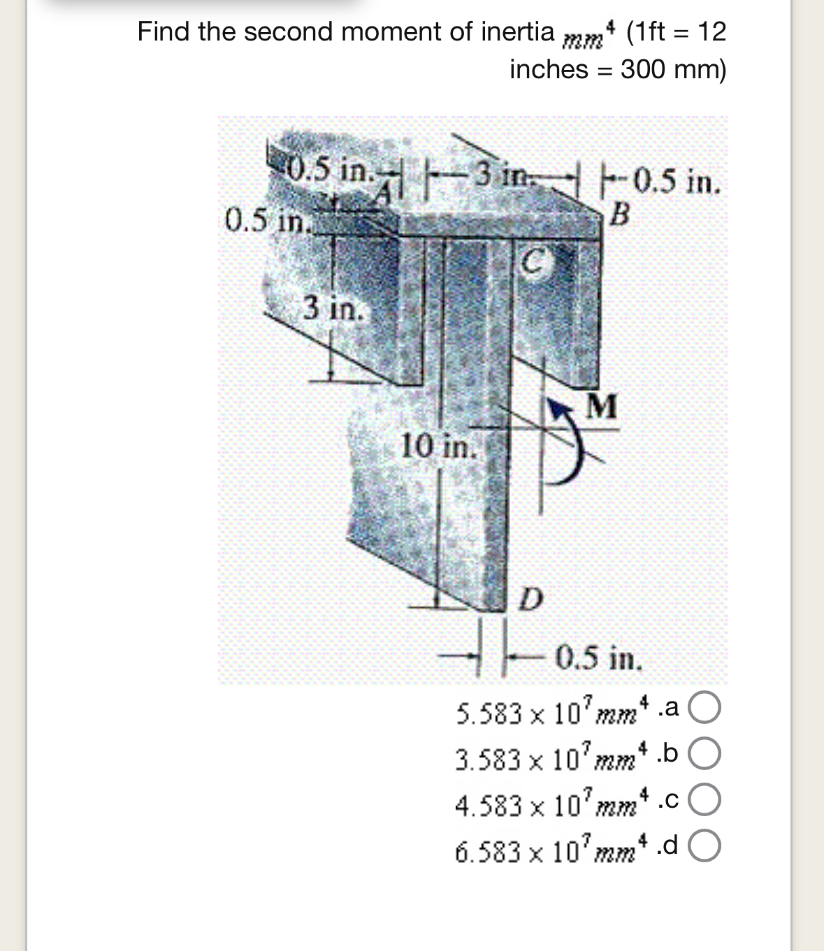 Find the second moment of inertia inches = 3 0 0