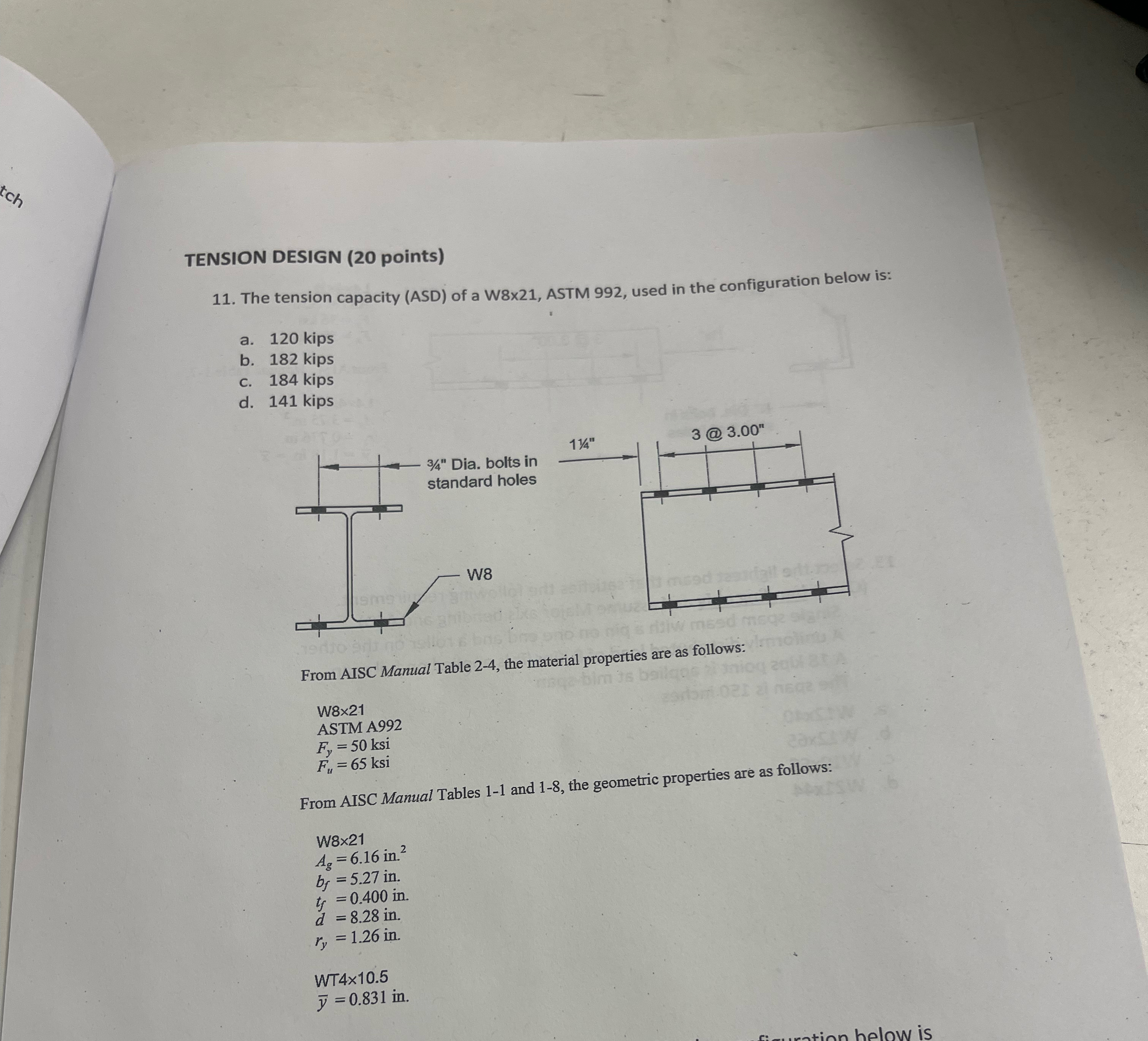 TENSION DESIGN ( 2 0 points ) 1 1 . The tension