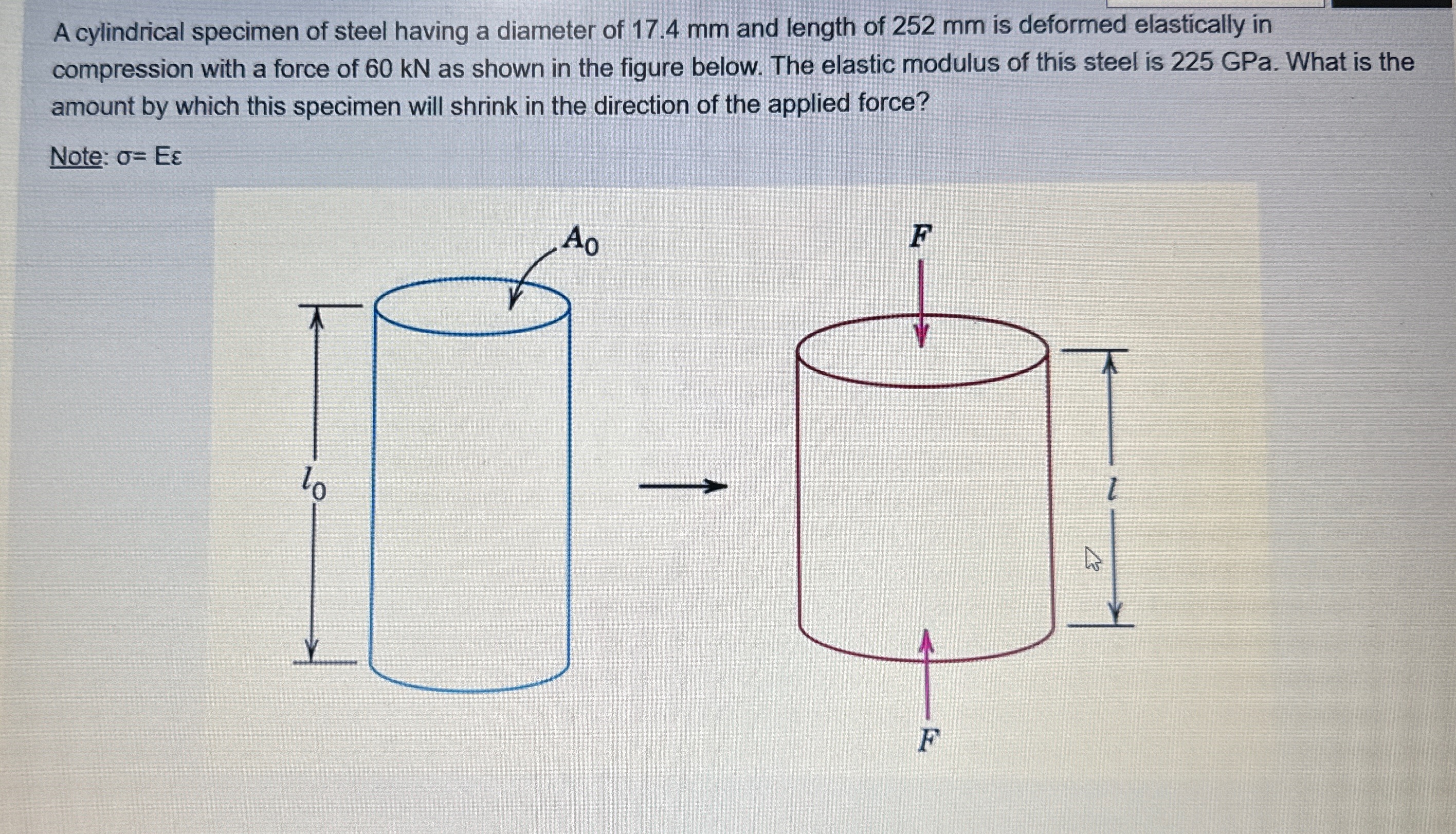 A cylindrical specimen of steel having a diameter