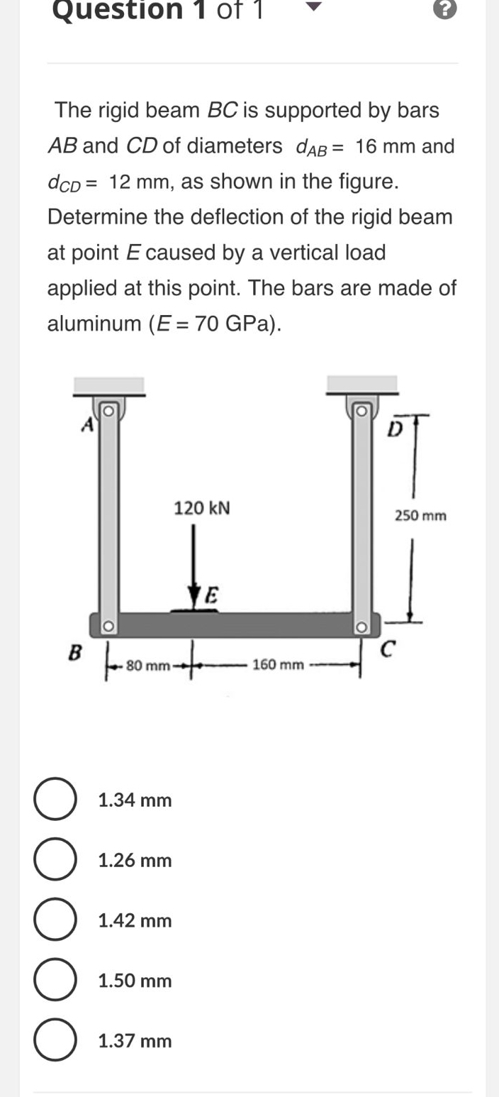 Question 1 of 1 The rigid beam B C is supported