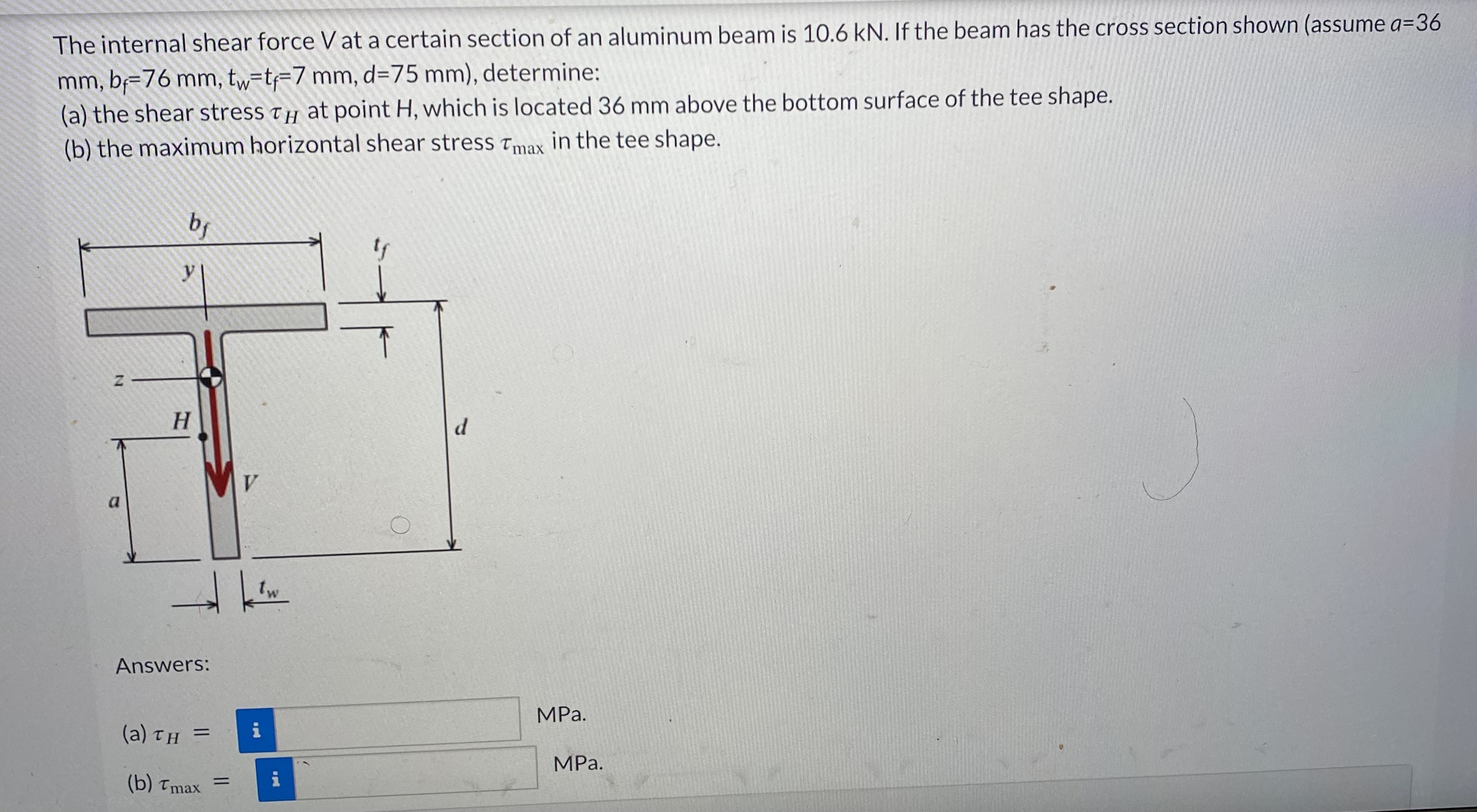 The internal shear force V at a certain section