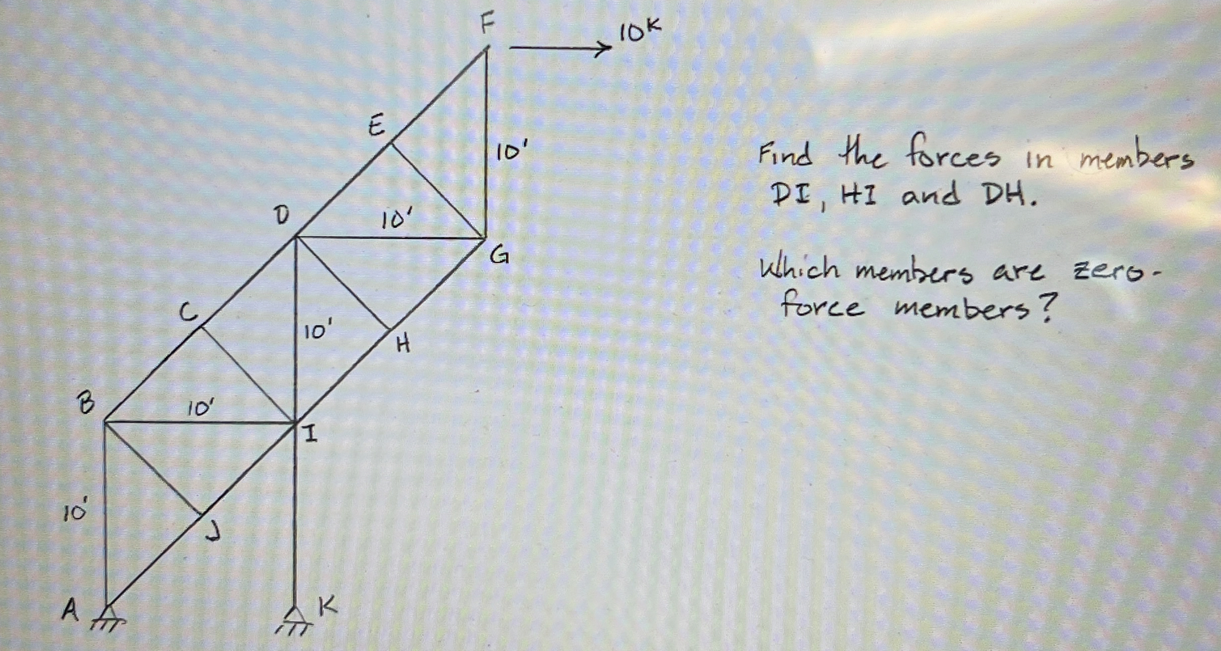 Find the forces in members D I , H I and D H .
