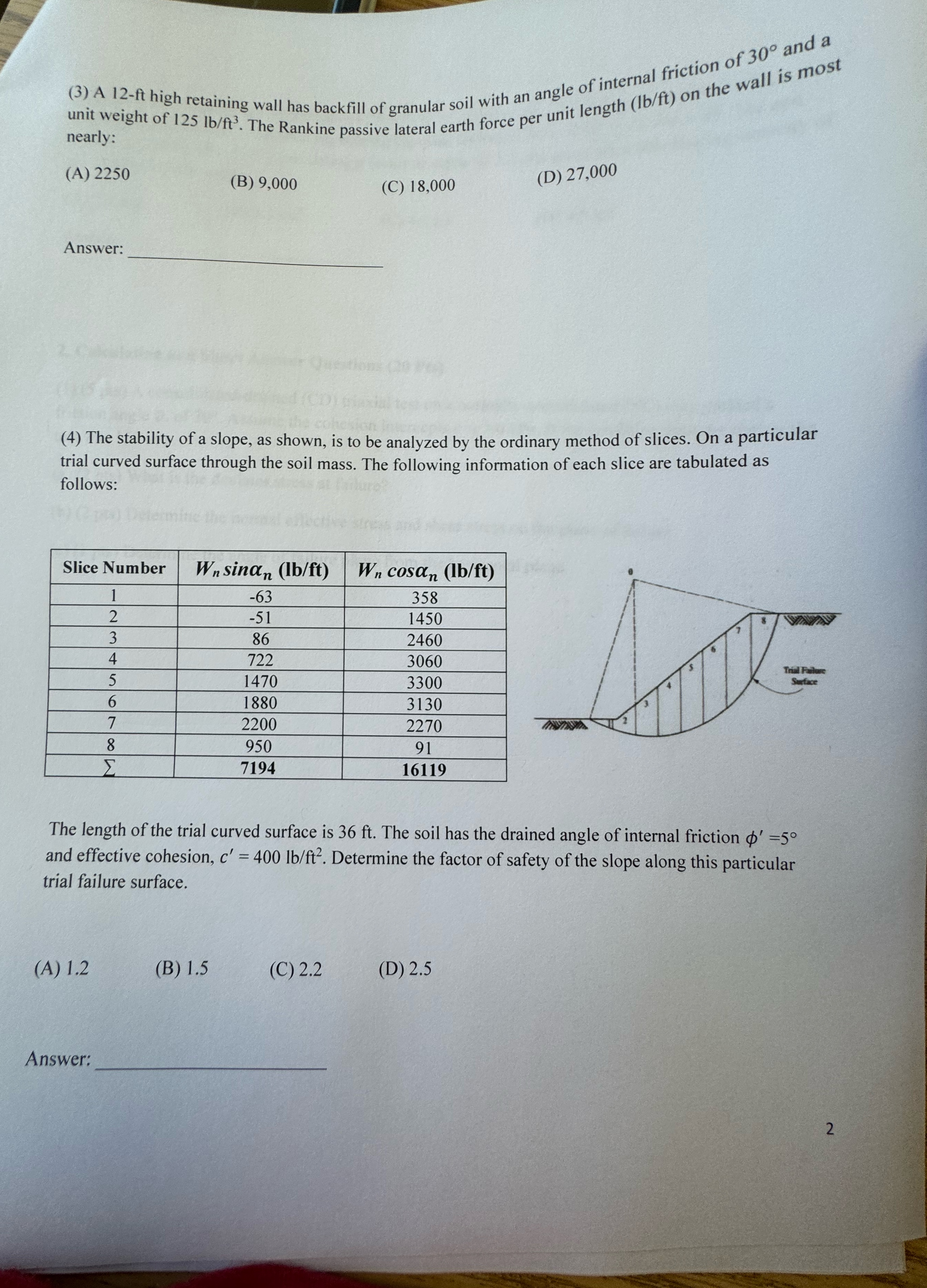 ( 3 ) A 2 - tt high retaining wall has backfill