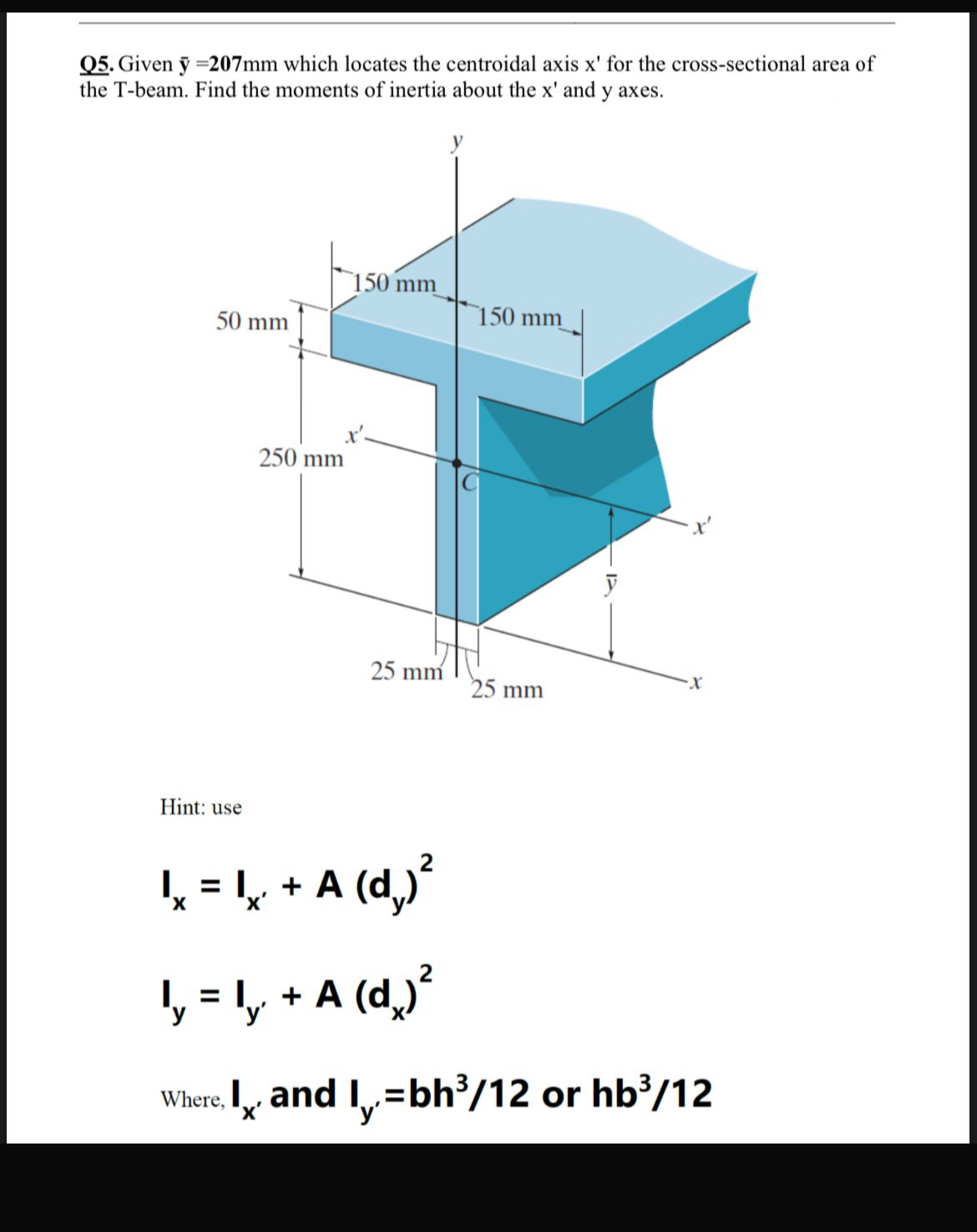 Q 5 . Given ? b a r ( y ) = 2 0 7 m m which