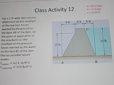 Class Activity 1 2 H = 1 0 . 1 1 kips V = 3 7 . 8