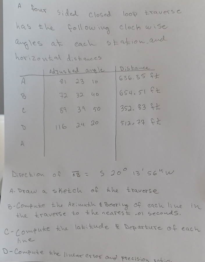 A four sided closed loop traverse has the