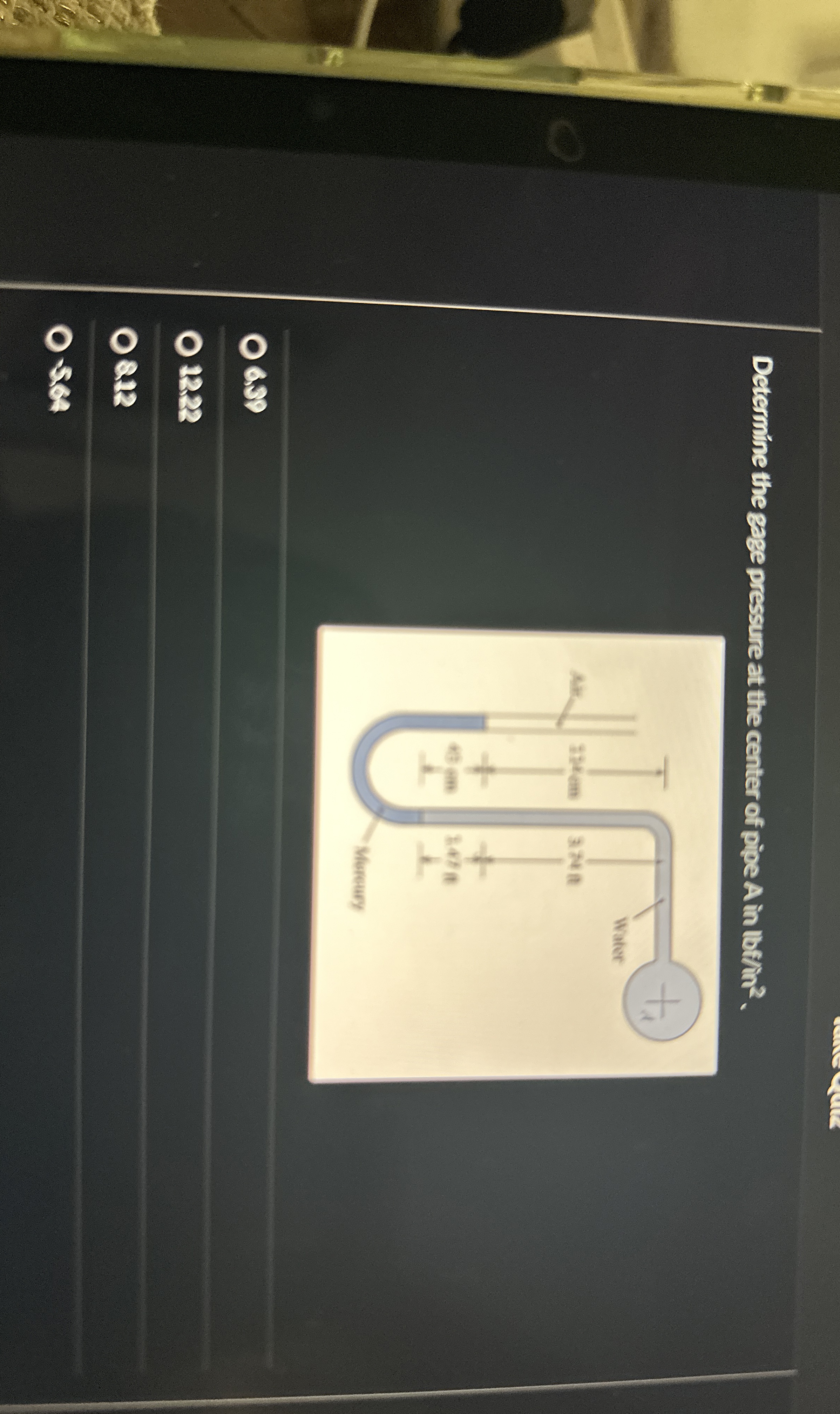 Determine the gage pressure at the center of pipe