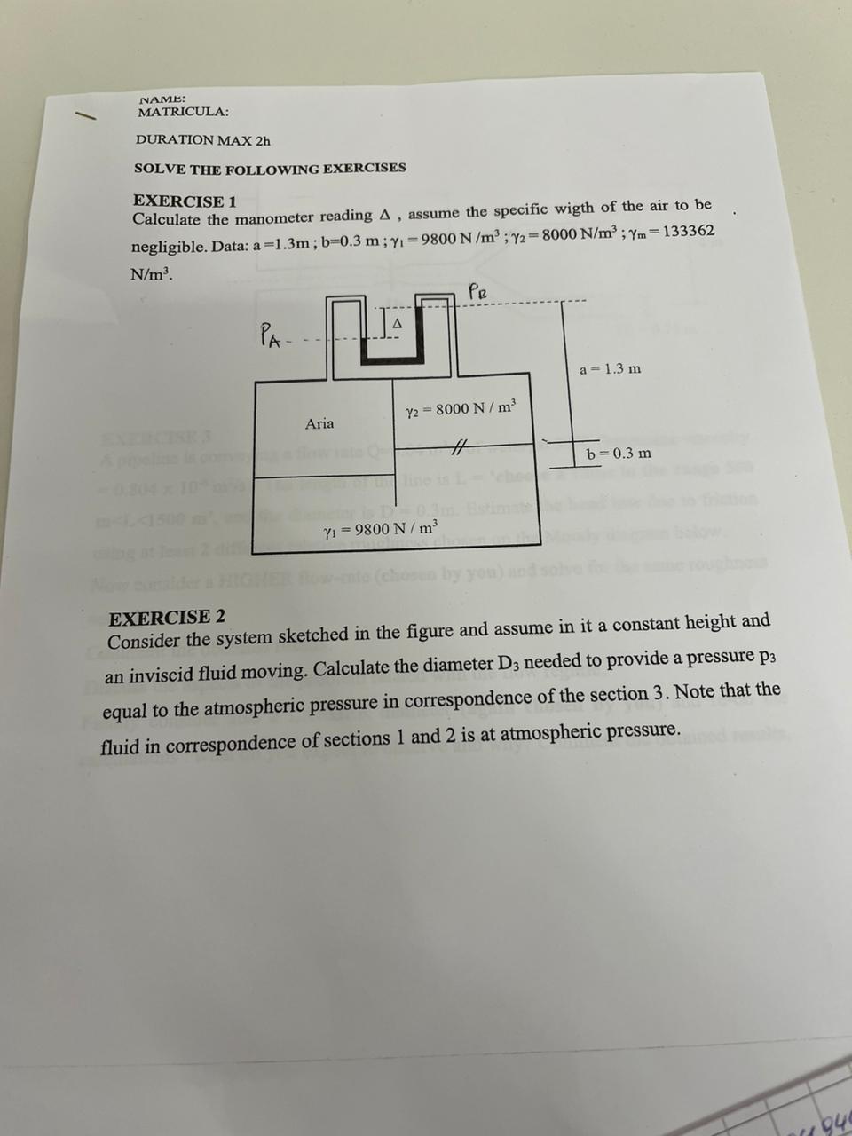 NAME: MATRICULA: DURATION MAX 2 h SOLVE THE