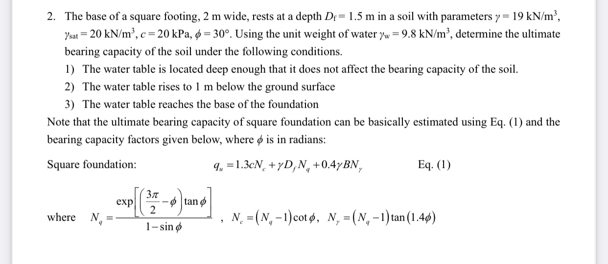 The base of a square footing, 2 m wide, rests at