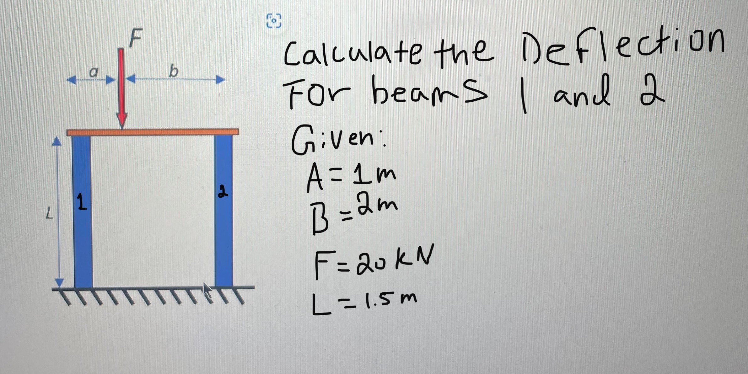 Calculate the Deflection For beams 1 and 2 Given: