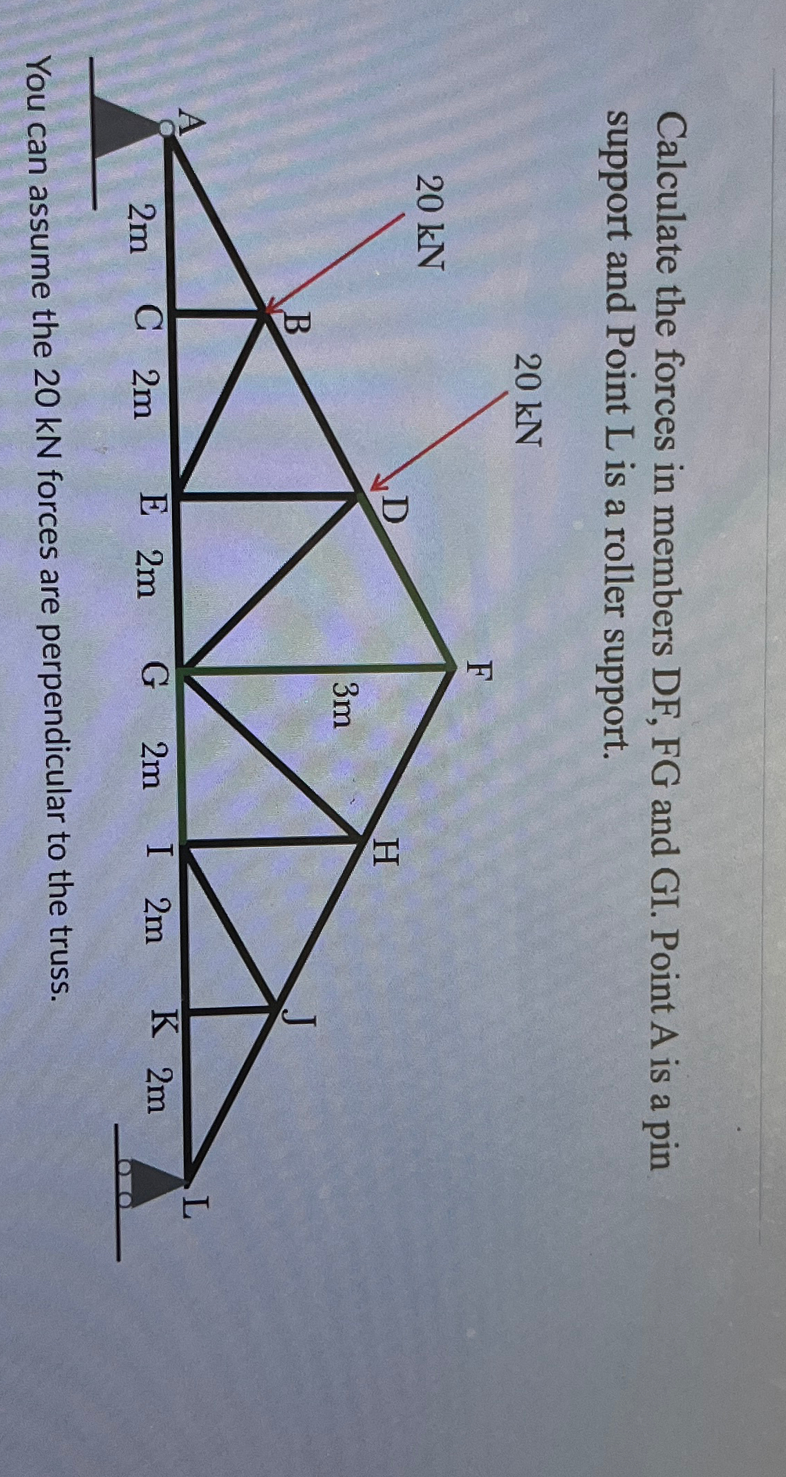 Calculate the forces in members DF , FG and GI .