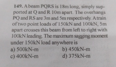 A beam PQRS is 1 8 m long, simply supported at Q