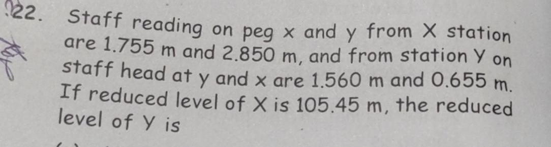 Staff reading on peg x and y from x station are 1