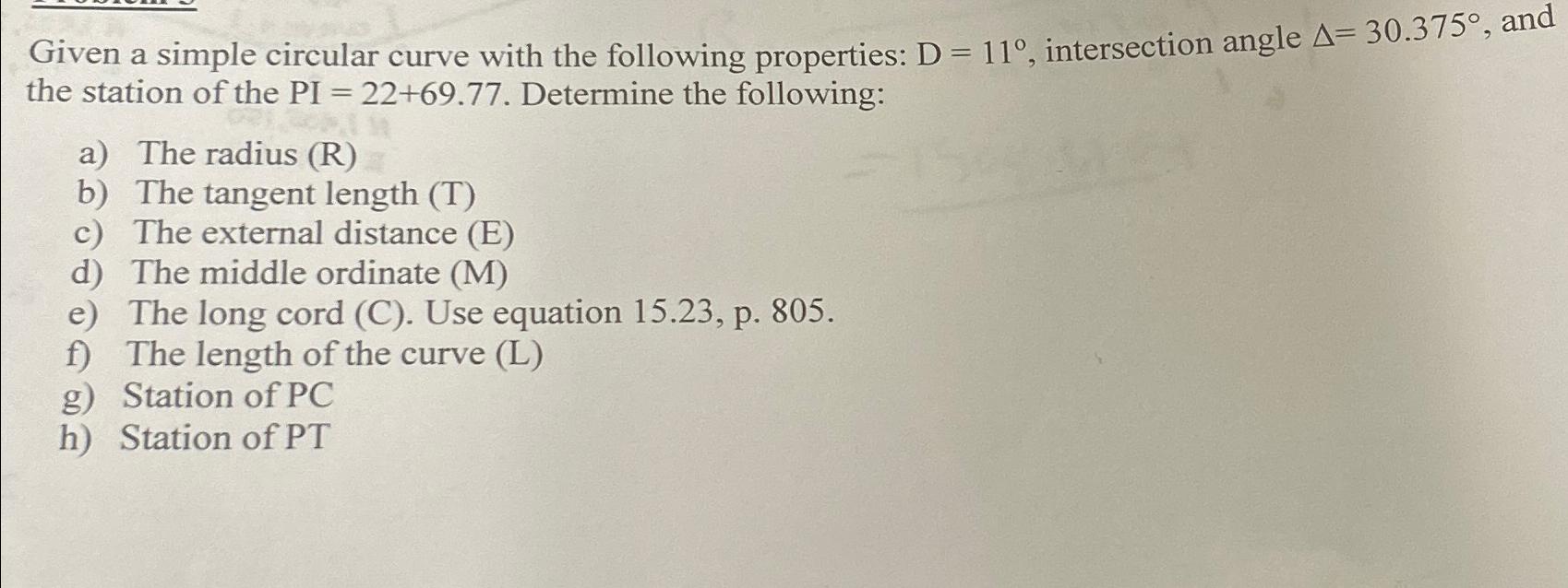 Given a simple circular curve with the following