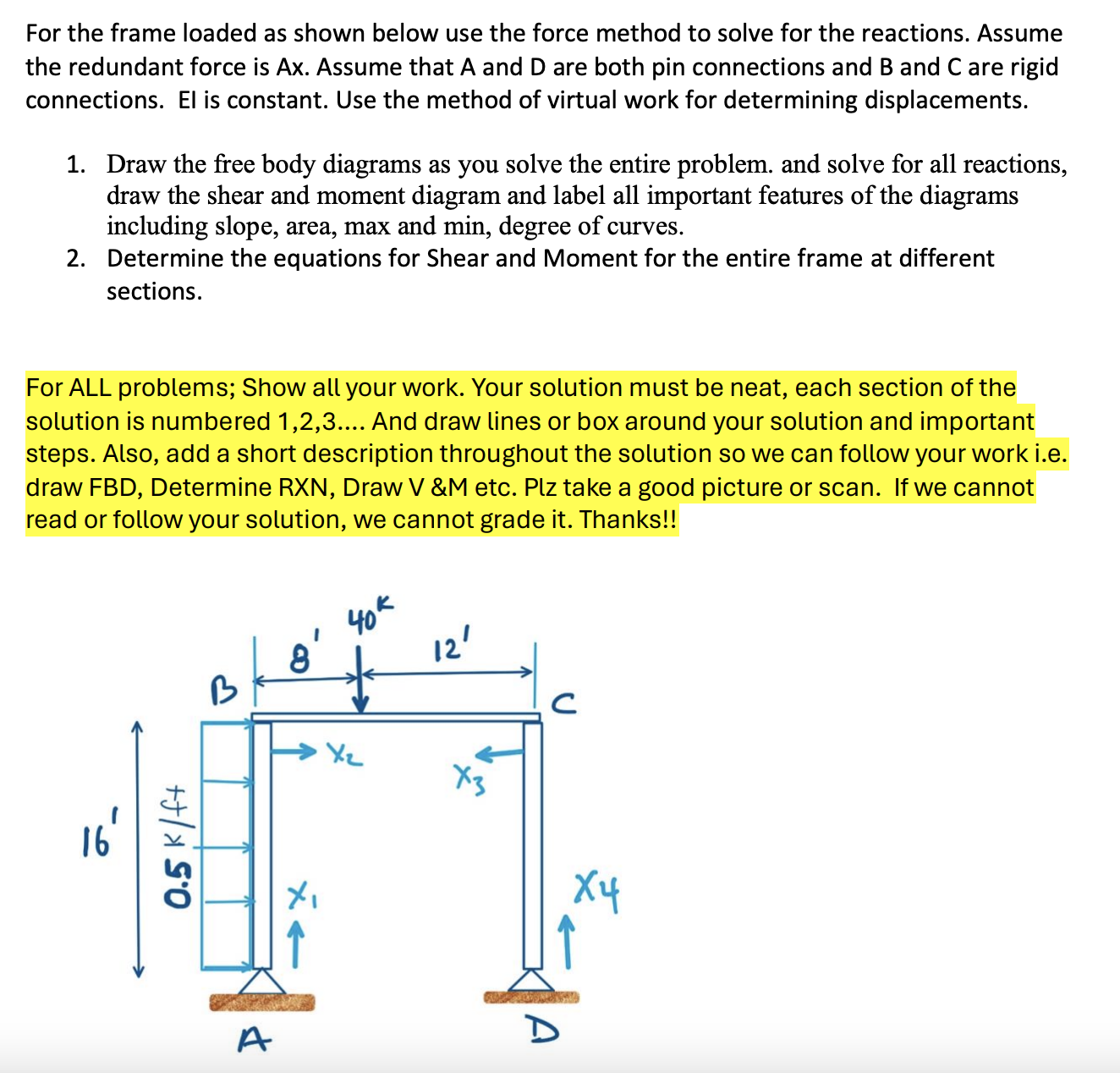 For the frame loaded as shown below use the force