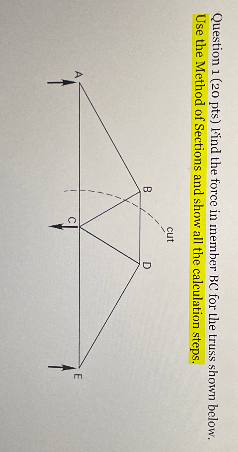 Question 1 ( 2 0 pts ) Find the force in member