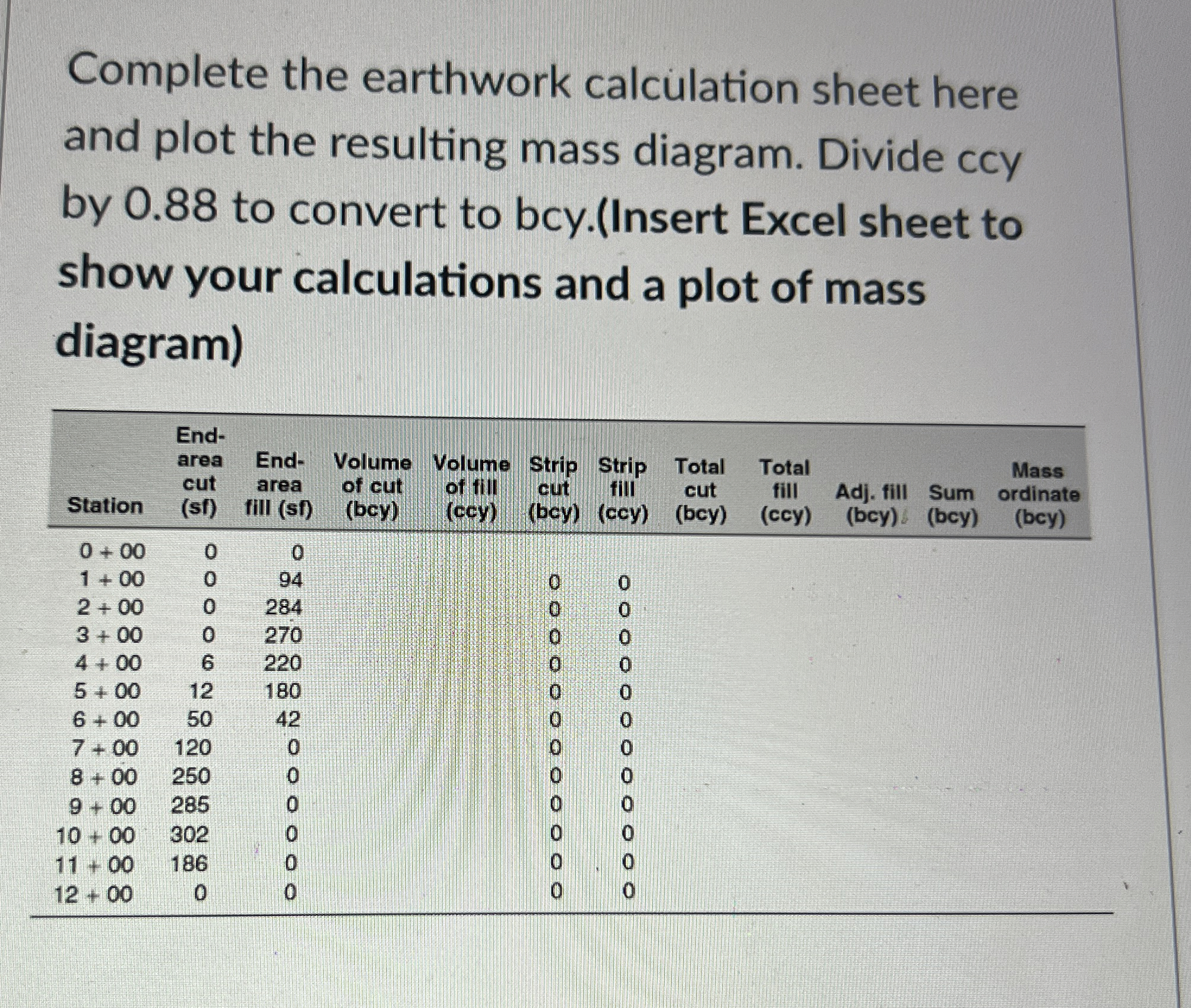 Complete the earthwork calculation sheet here and