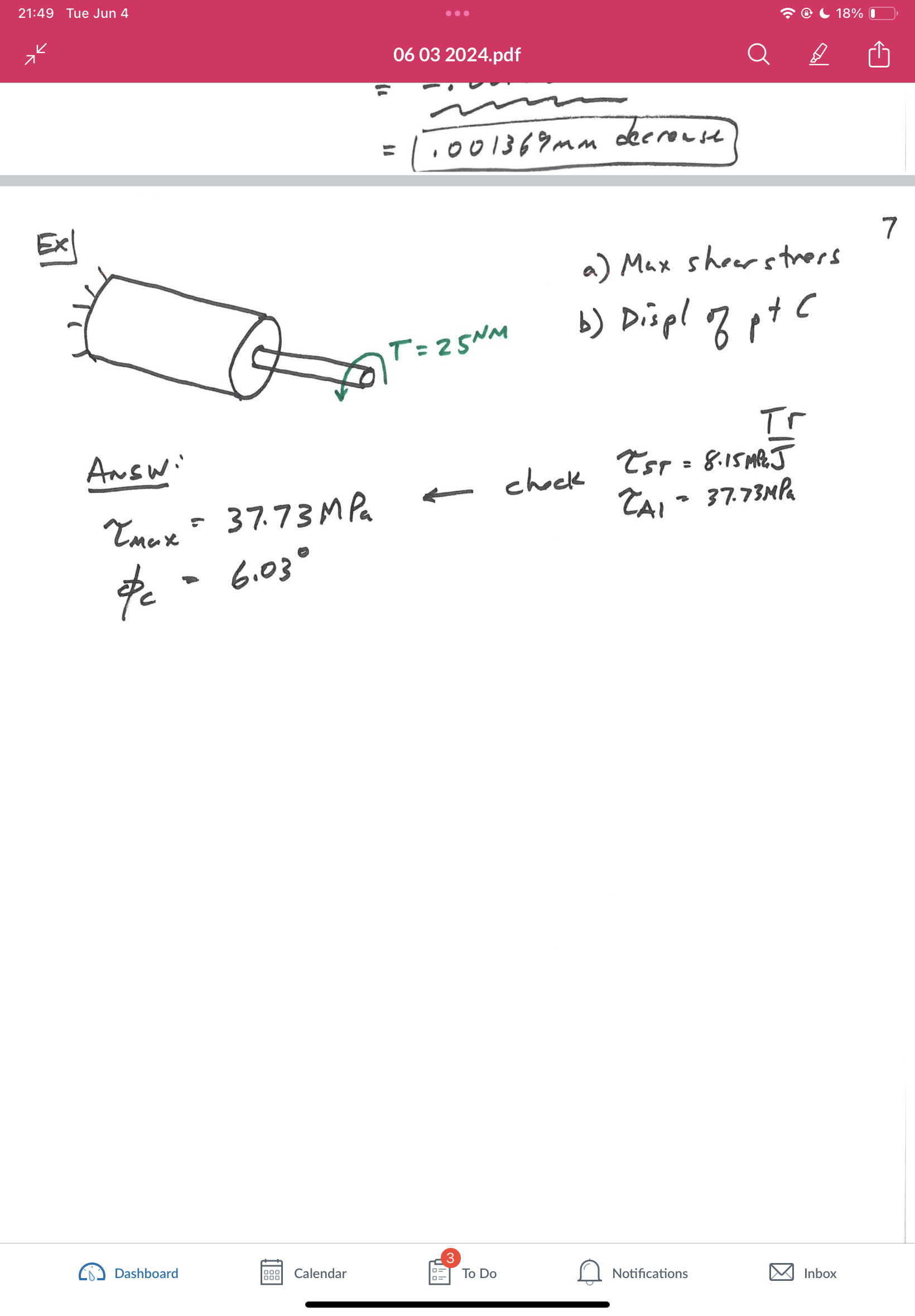 a ) Max shear stress 7 b ) Displ of p + C Answ: ]