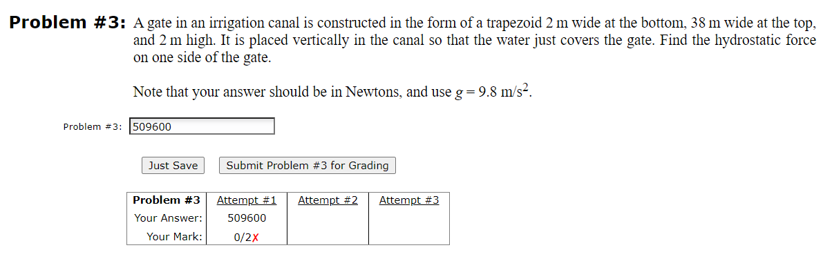 Problem # 3 : A gate in an irrigation canal is