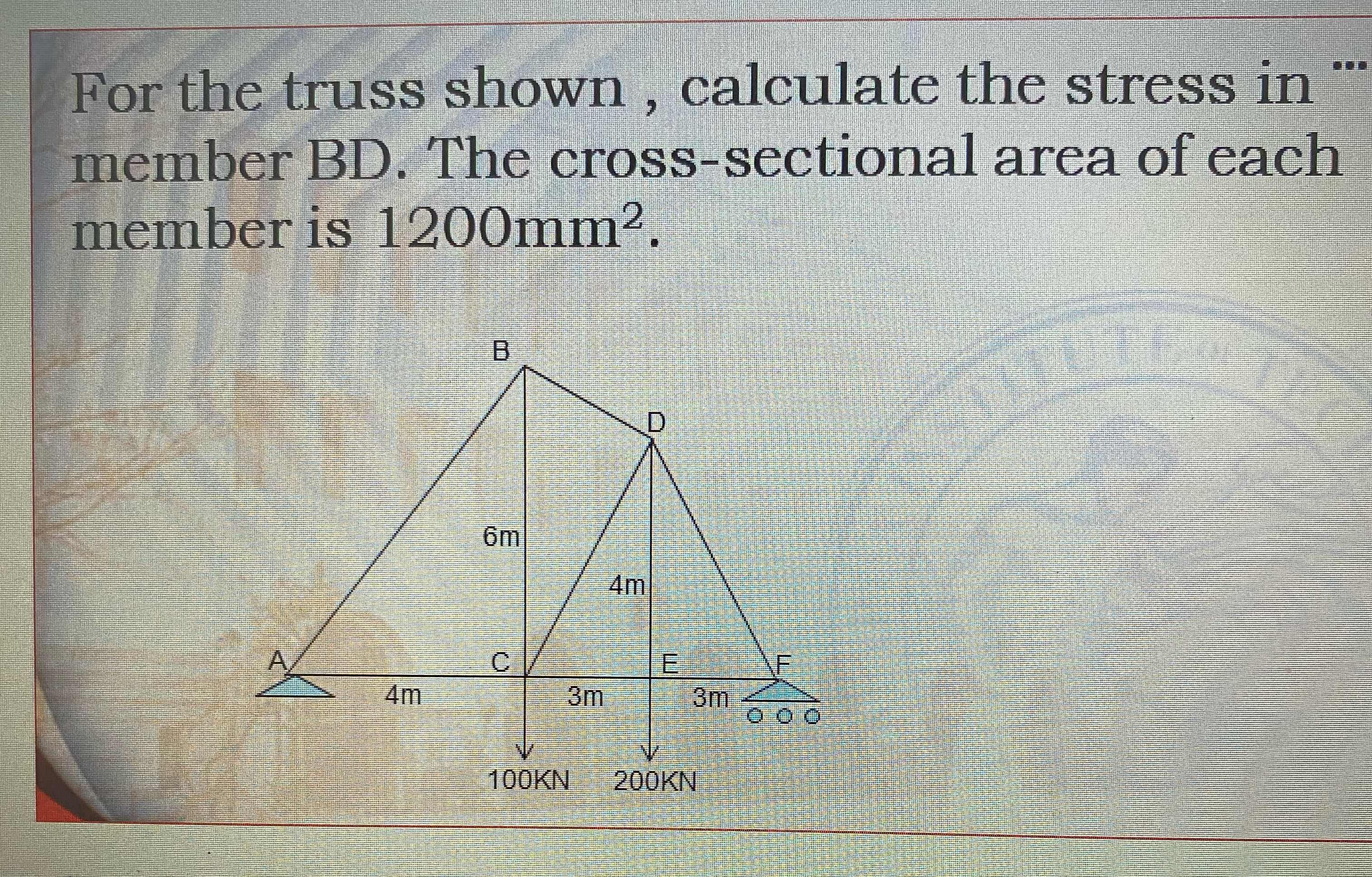 For the truss shown, calculate the stress in