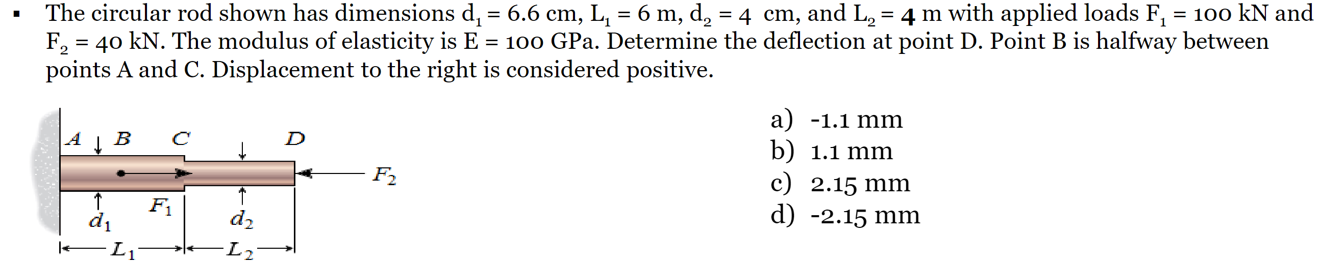 The circular rod shown has dimensions d 1 = 6 . 6