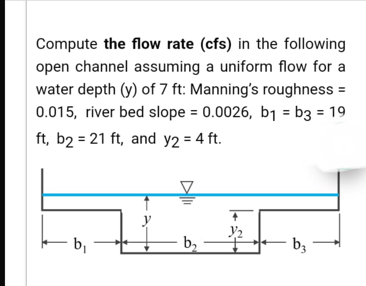 Compute the flow rate ( cfs ) in the following
