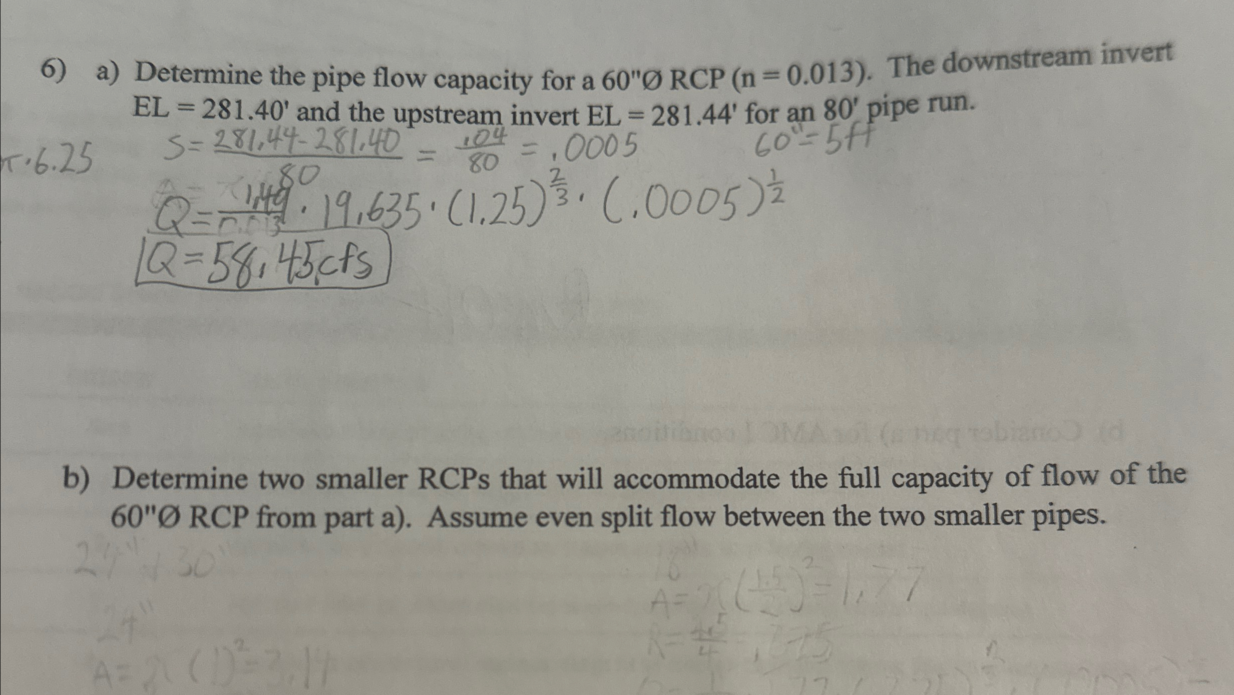 a ) Determine the pipe flow capacity for a