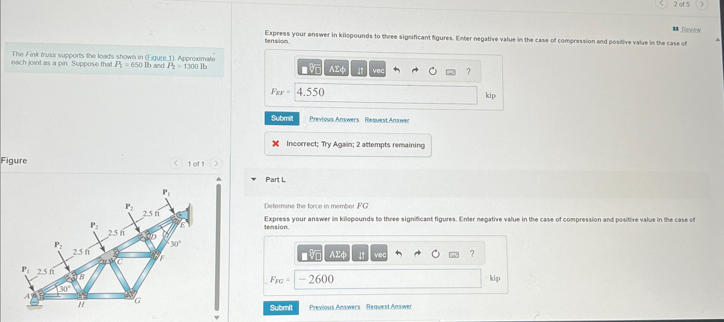 2 of 5 The Fink truss supports the loads shown in